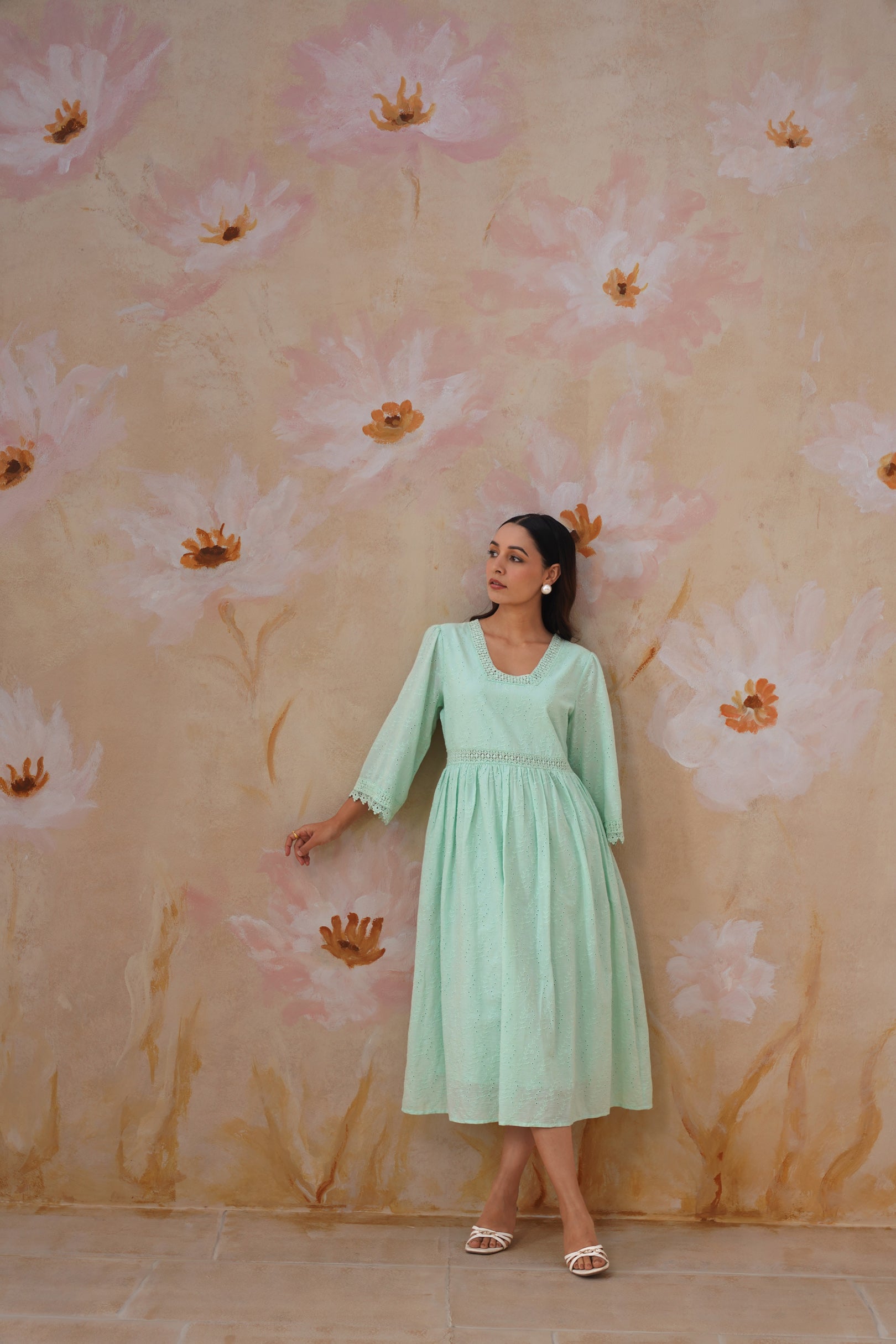 Mint Green Broderie Flared Midi Dress