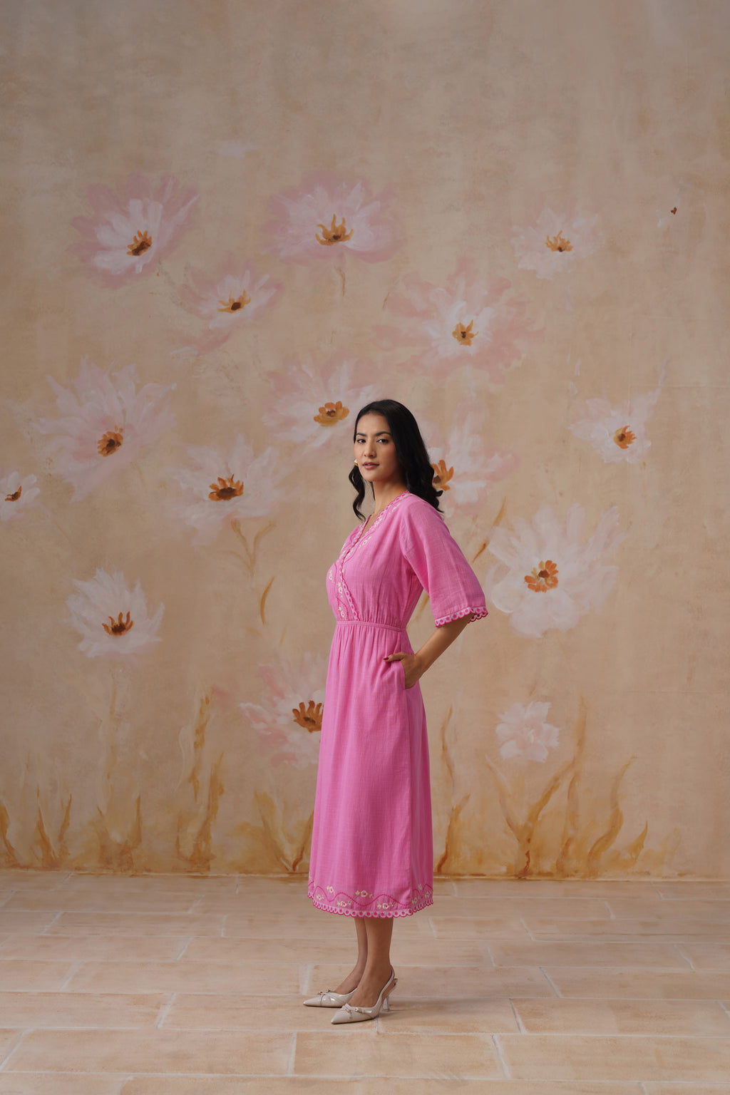 Rose Pink Embroidered Midi Dress with Organza Detailing