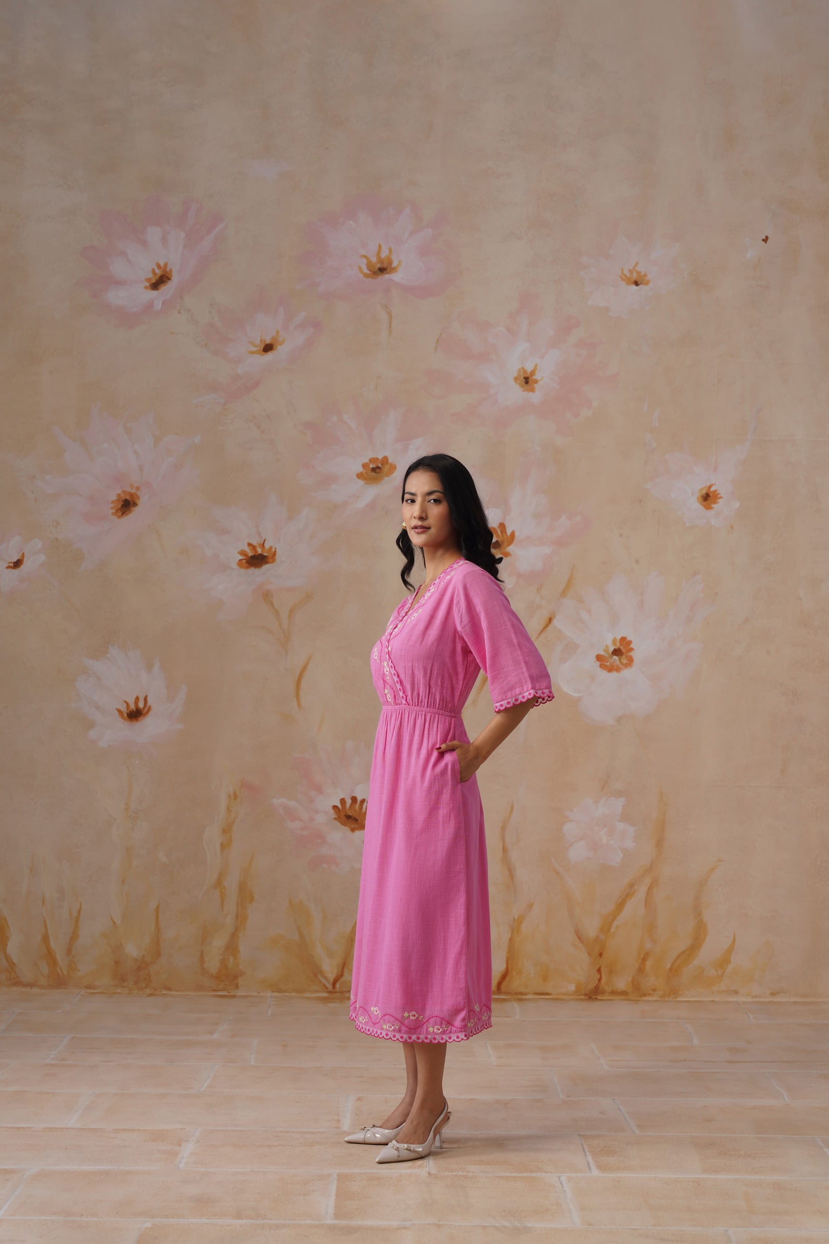 Rose Pink Embroidered Midi Dress with Organza Detailing