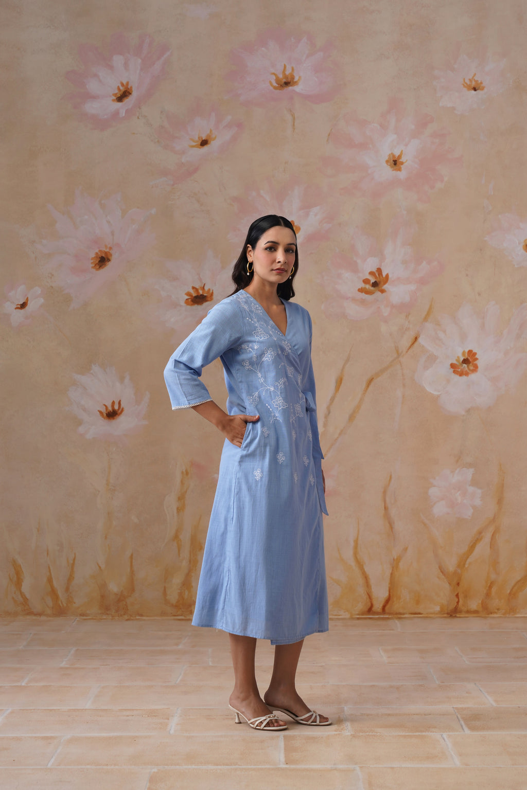 Powder Blue Embroidered Midi Wrap Dress