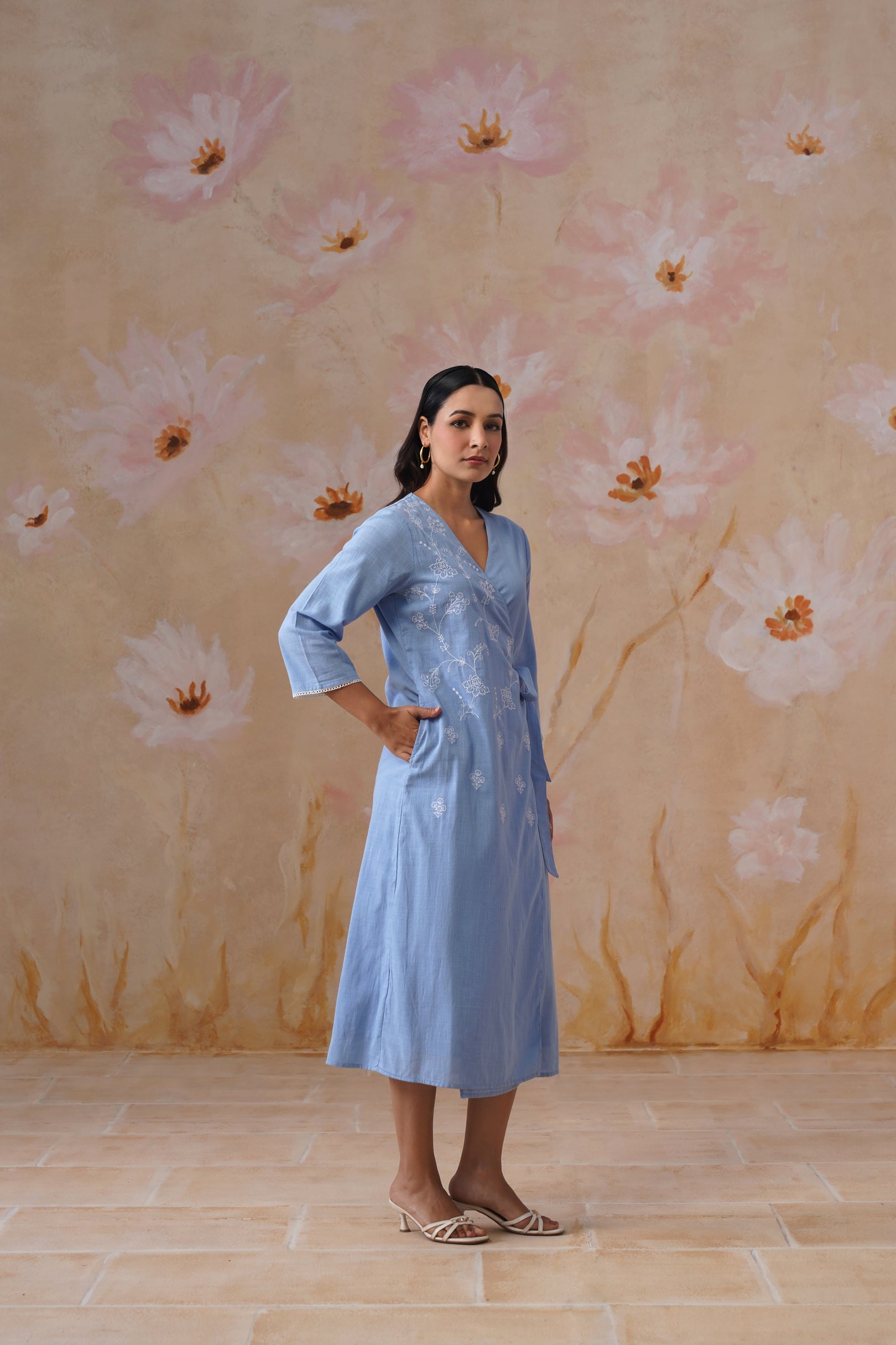 Powder Blue Embroidered Midi Wrap Dress