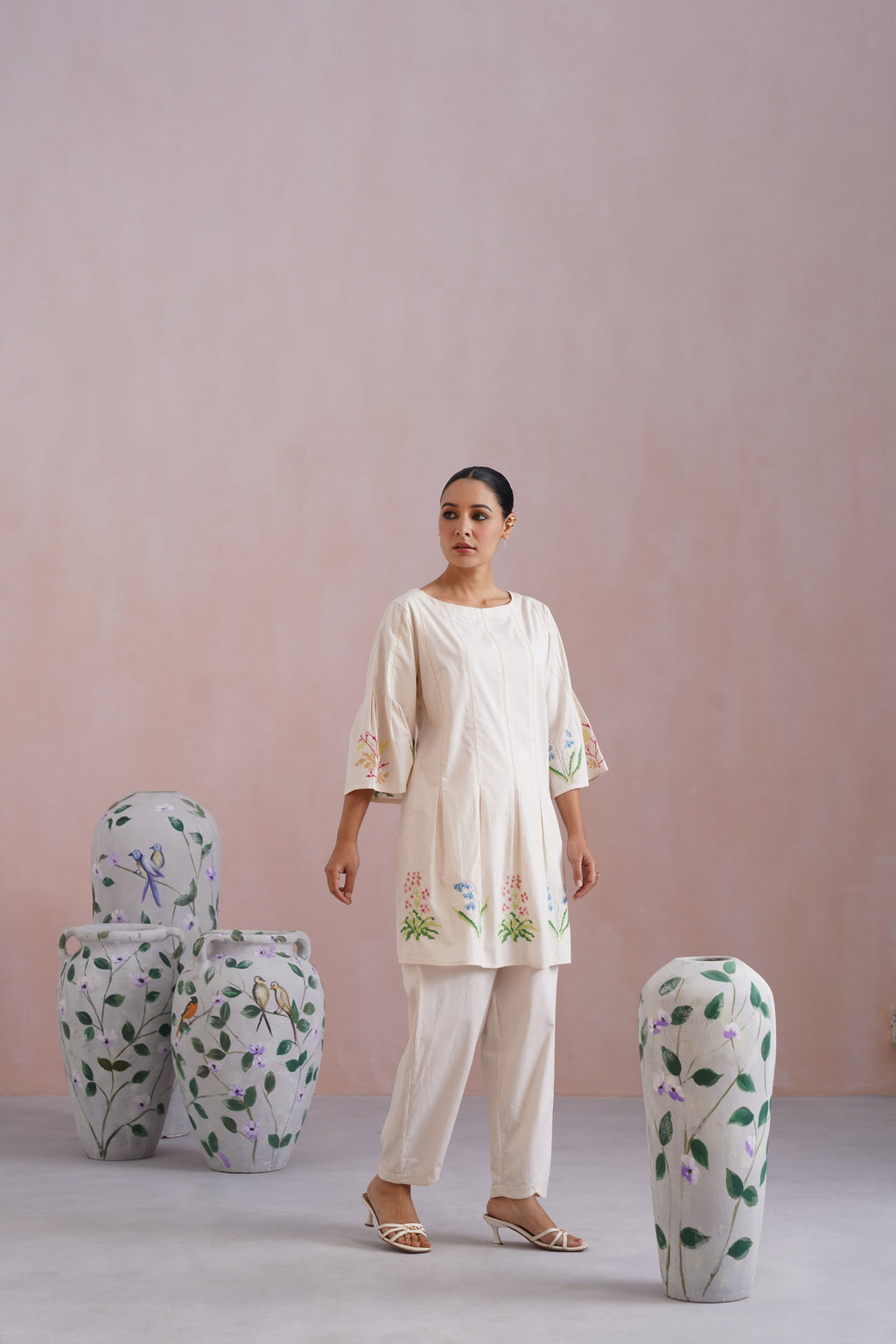 Ivory Floral Cross Stitched Embroidered Kurta Set