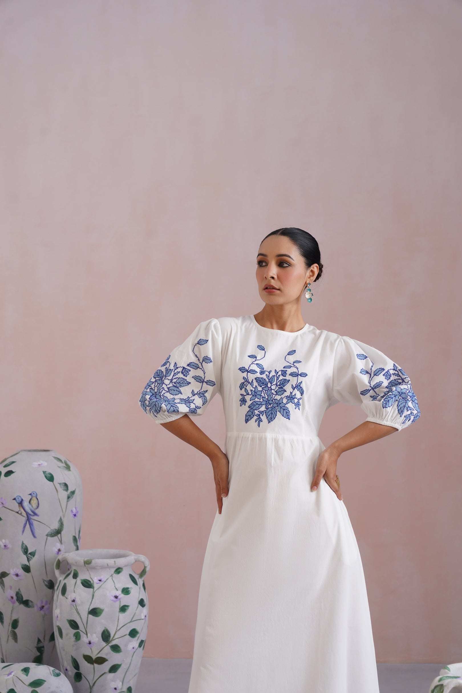 White Cross Stitch Embroidered Maxi Dress