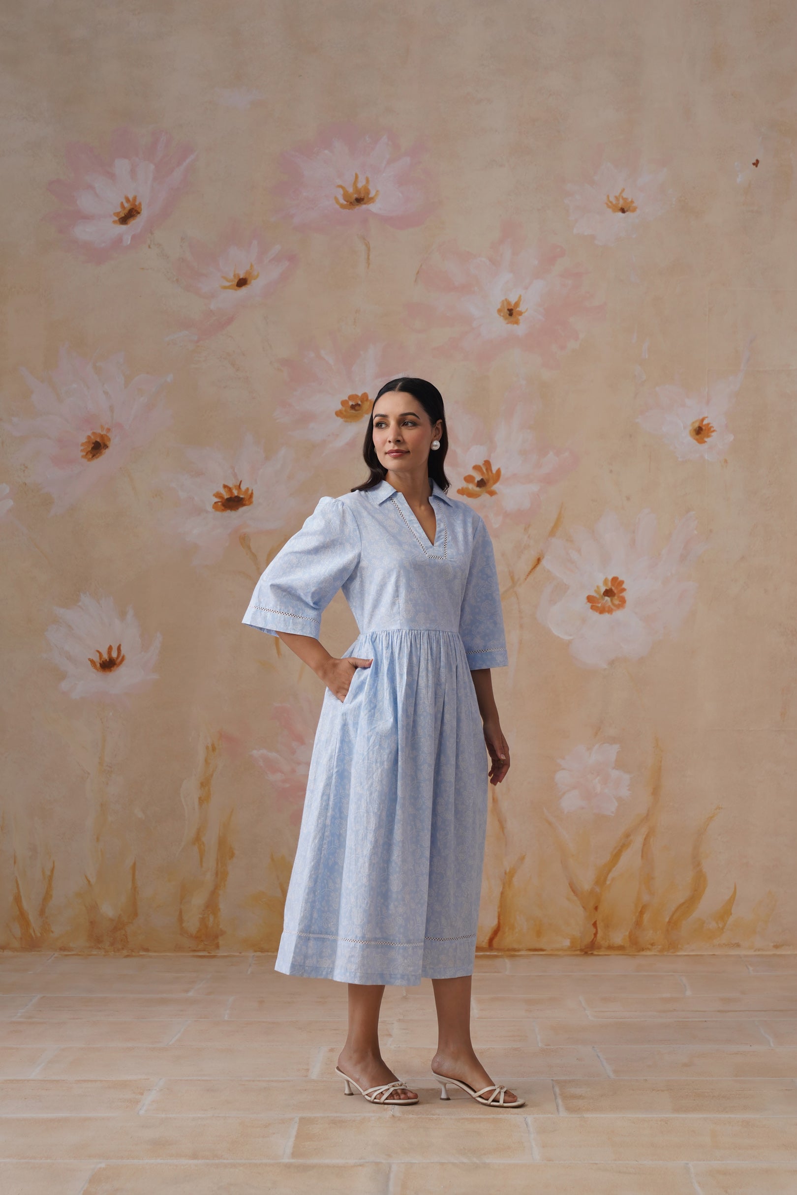 Blue and White Floral Printed Flared Midi Dress