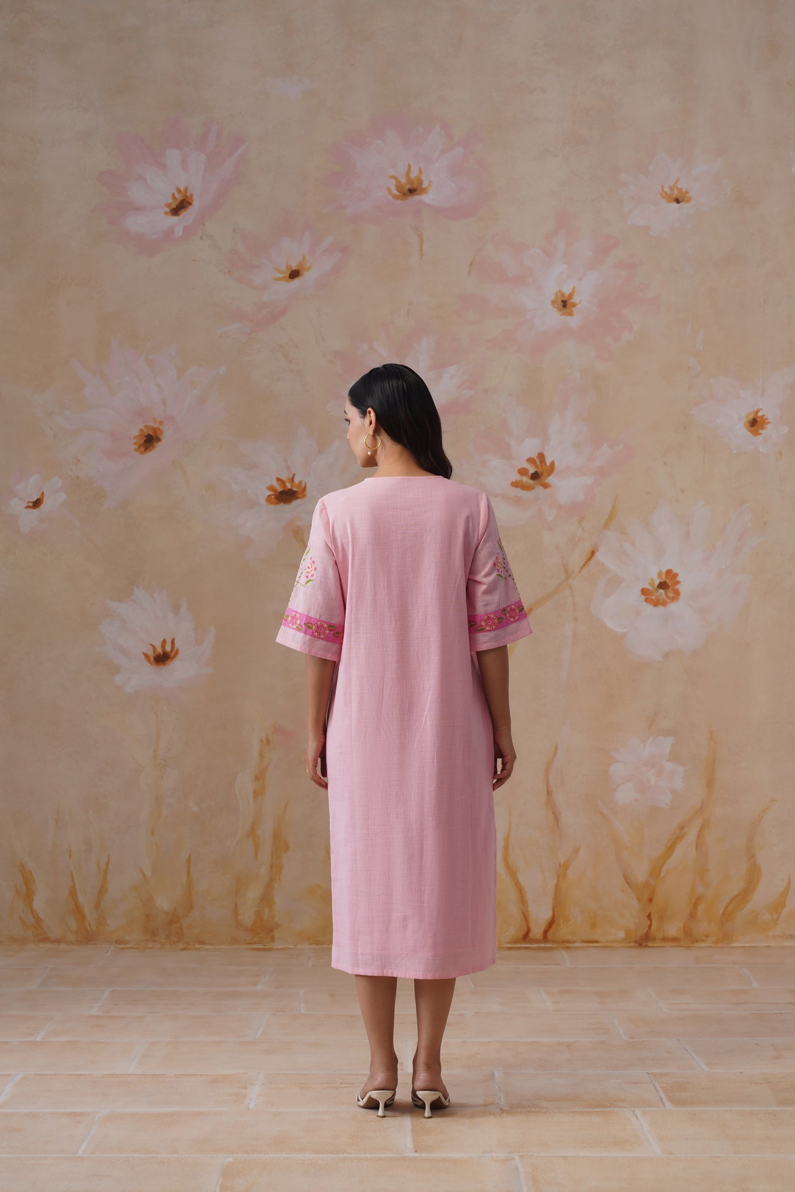 Blush Pink Floral Embroidered Midi Dress