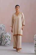 Beige Linen Blend Kurta Set with Pintucks Detailing