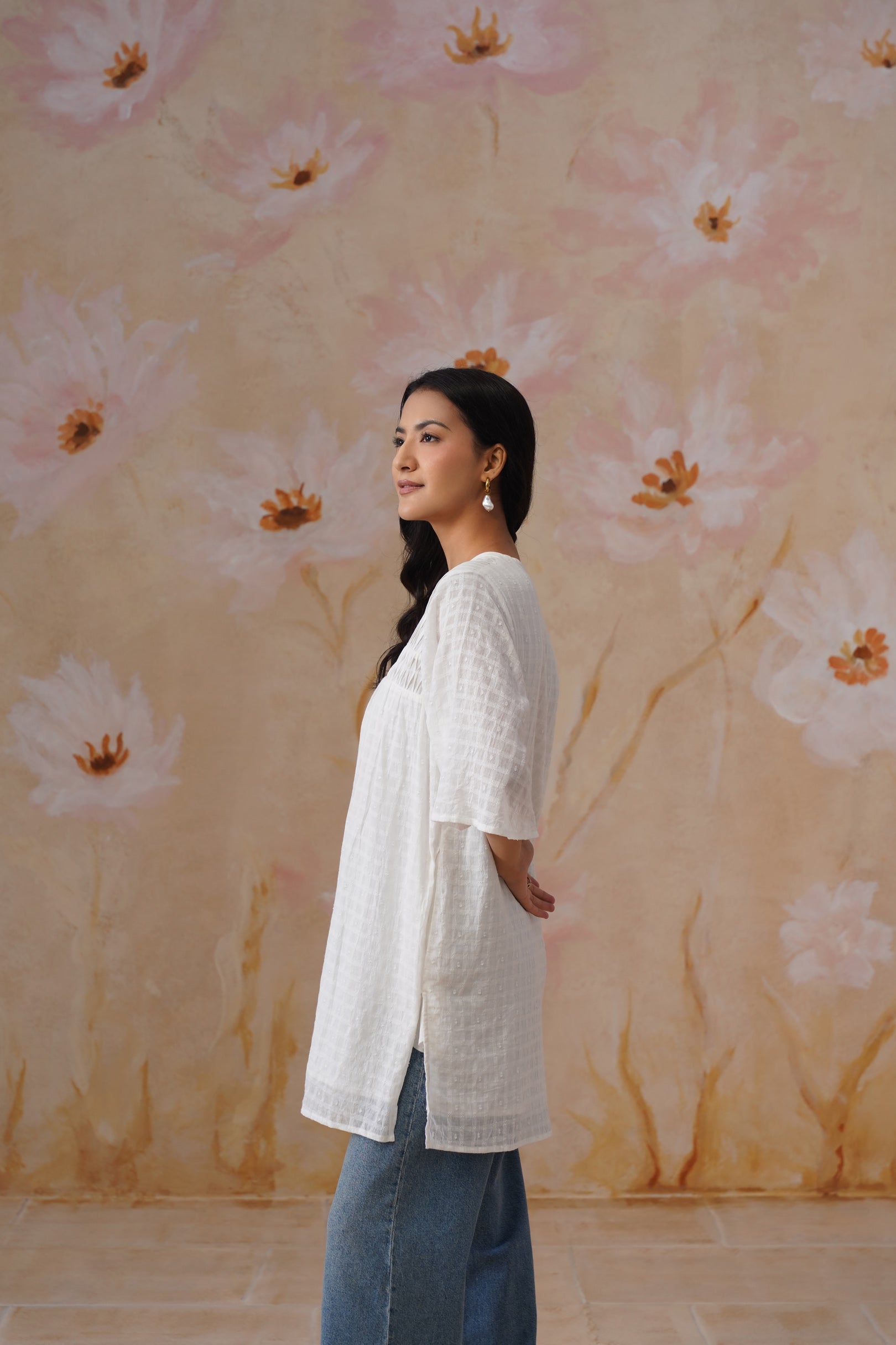 White Cotton Dobby Boxy Tunic with Pintukcs Detailing