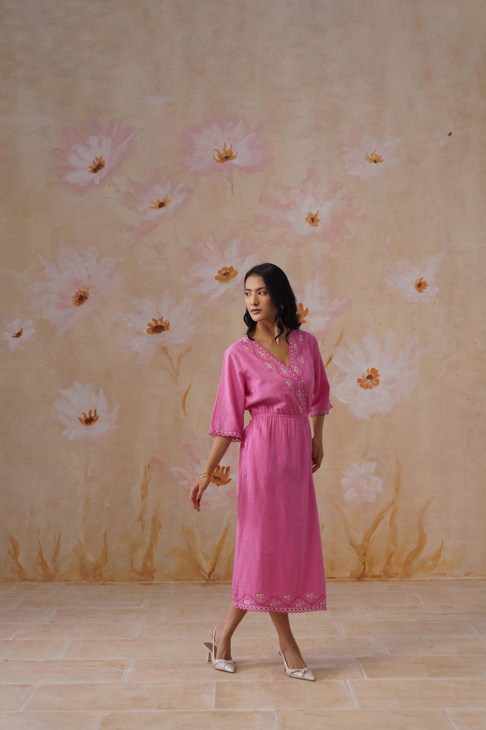 Rose Pink Embroidered Midi Dress with Organza Detailing