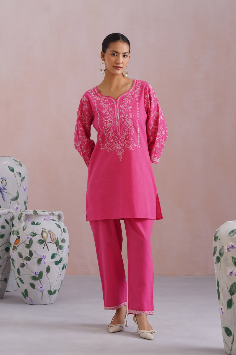 Fuchsia Pink Embroidered Co Ord Set