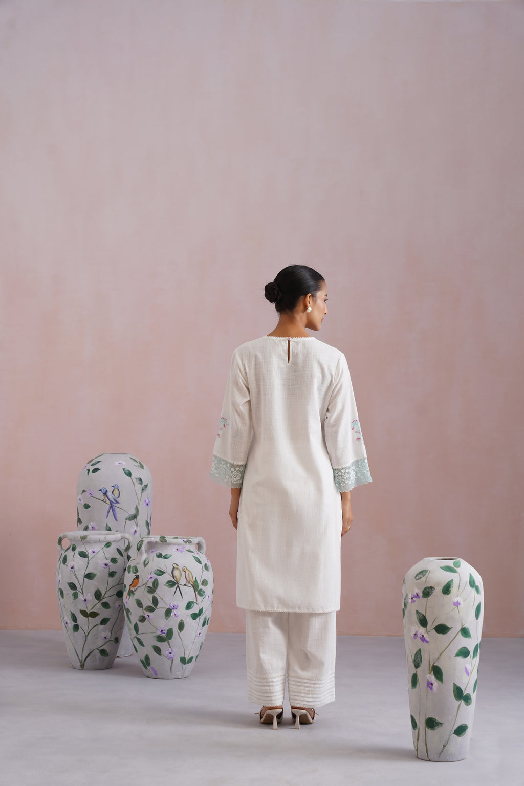 White Embroidered Kurta Set with organza detailing