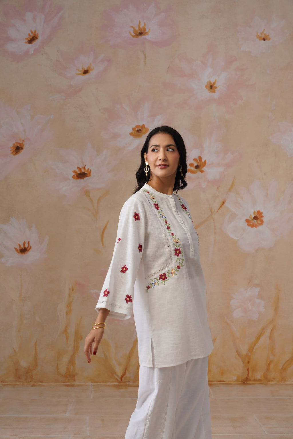 White Floral Cross Stitch Embroidered Tunic