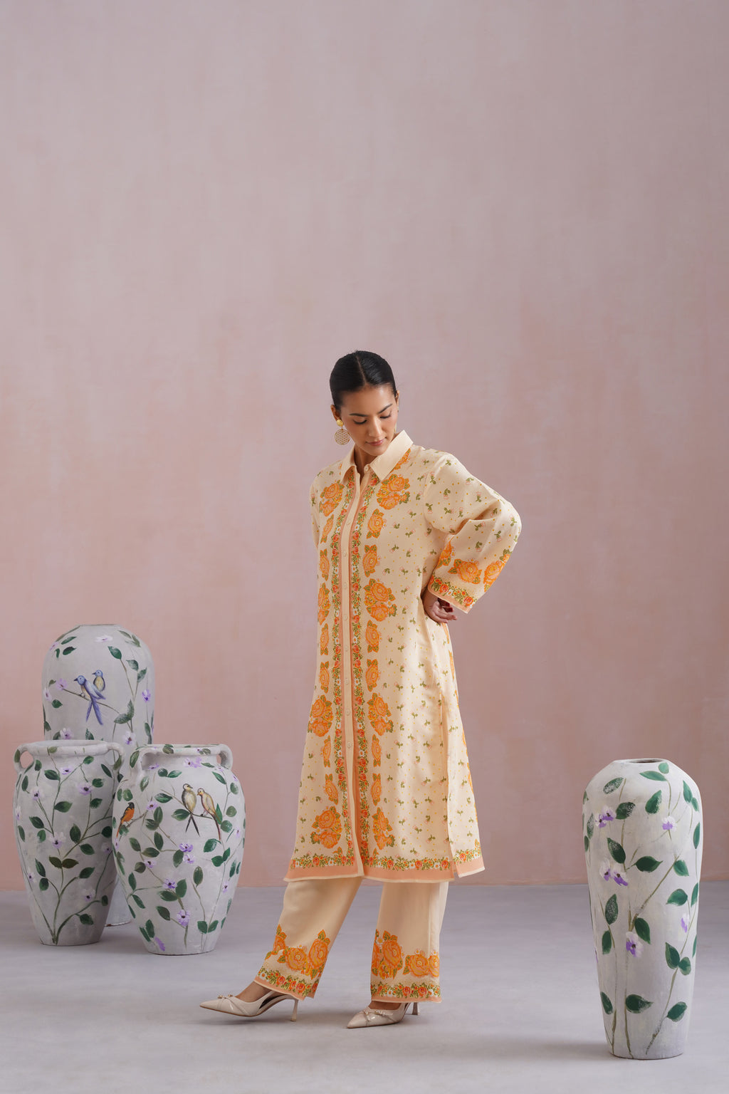 Cream & Orange Floral Digital Printed Kurta Set