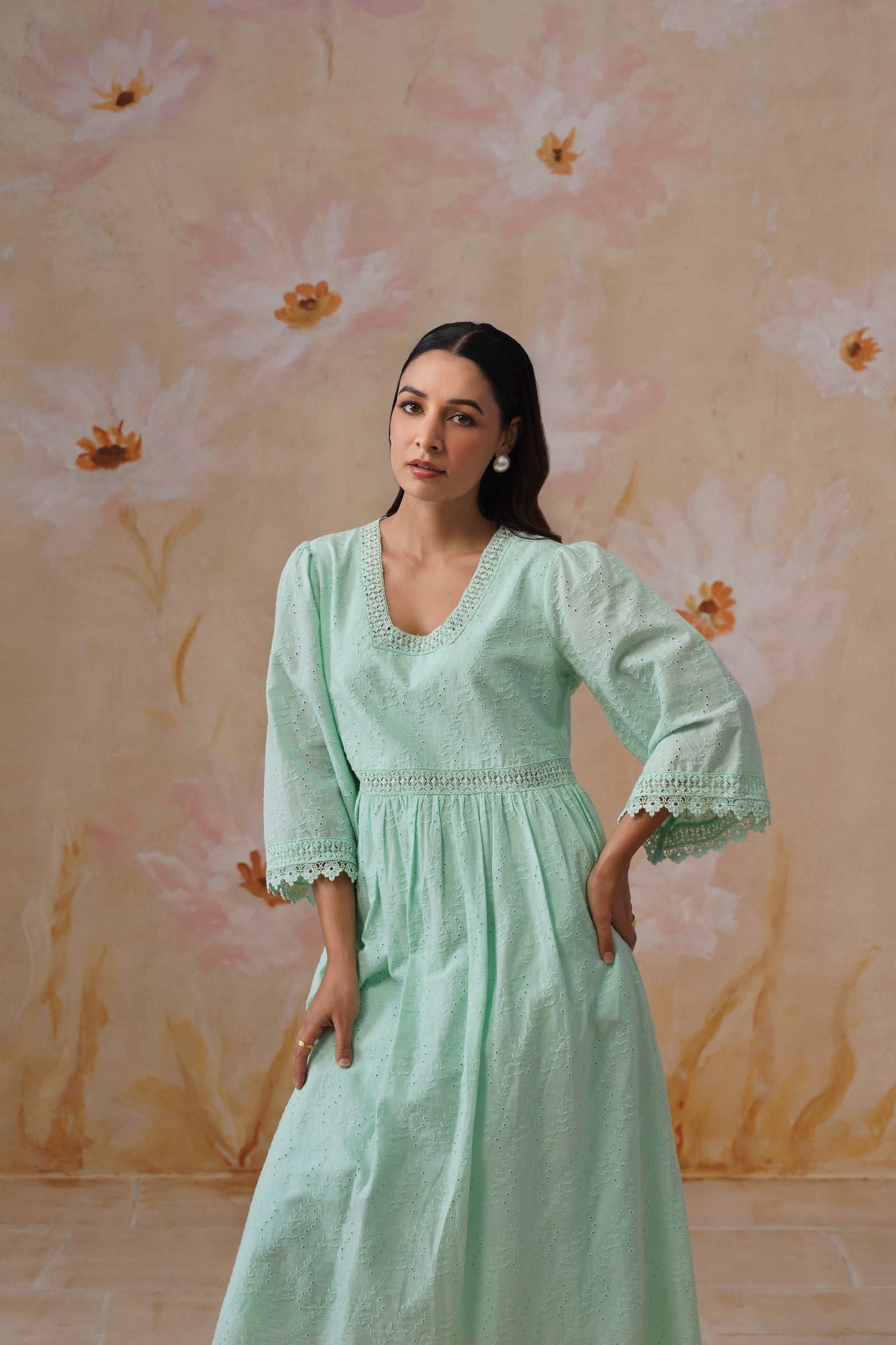 Mint Green Broderie Flared Midi Dress