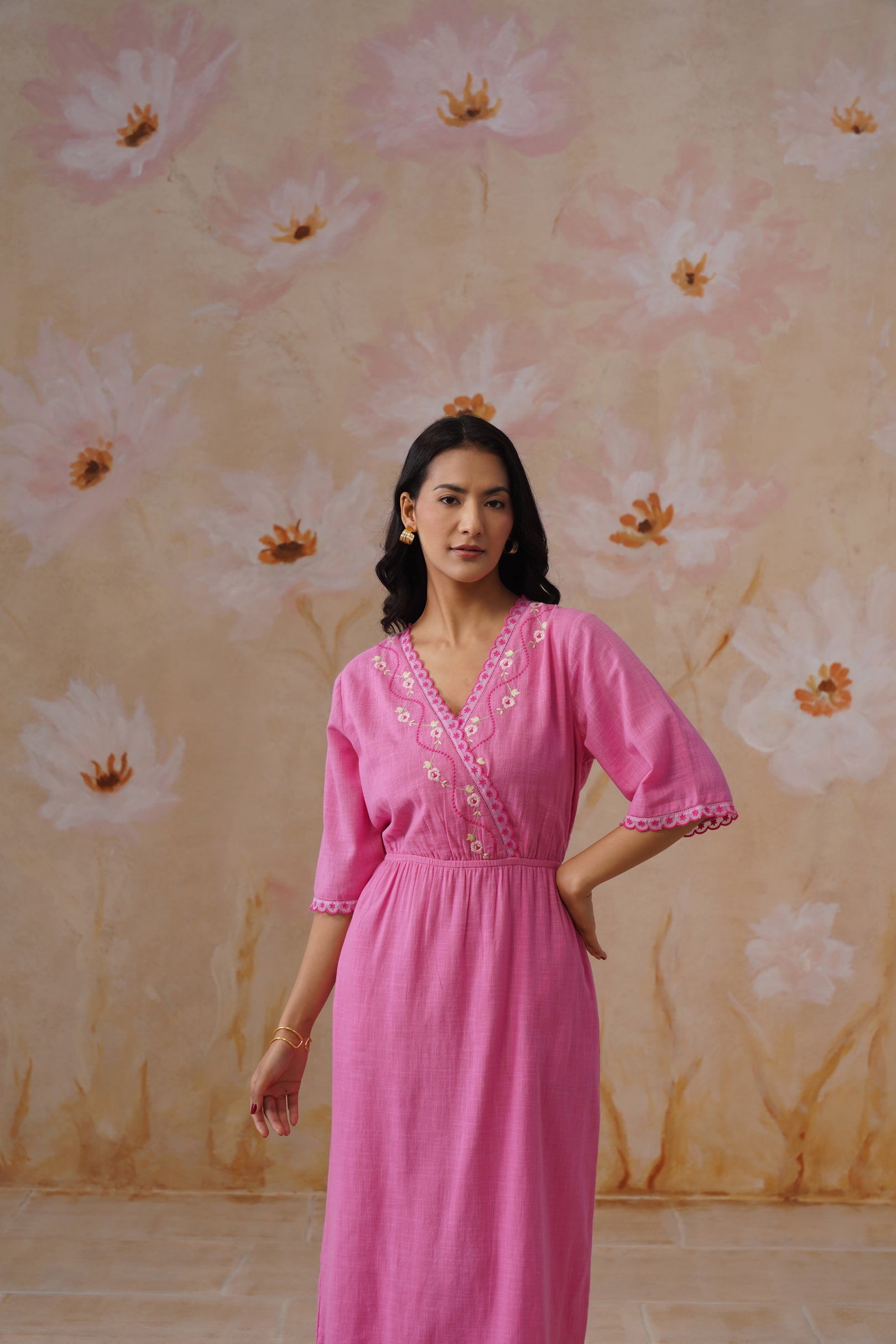 Rose Pink Embroidered Midi Dress with Organza Detailing