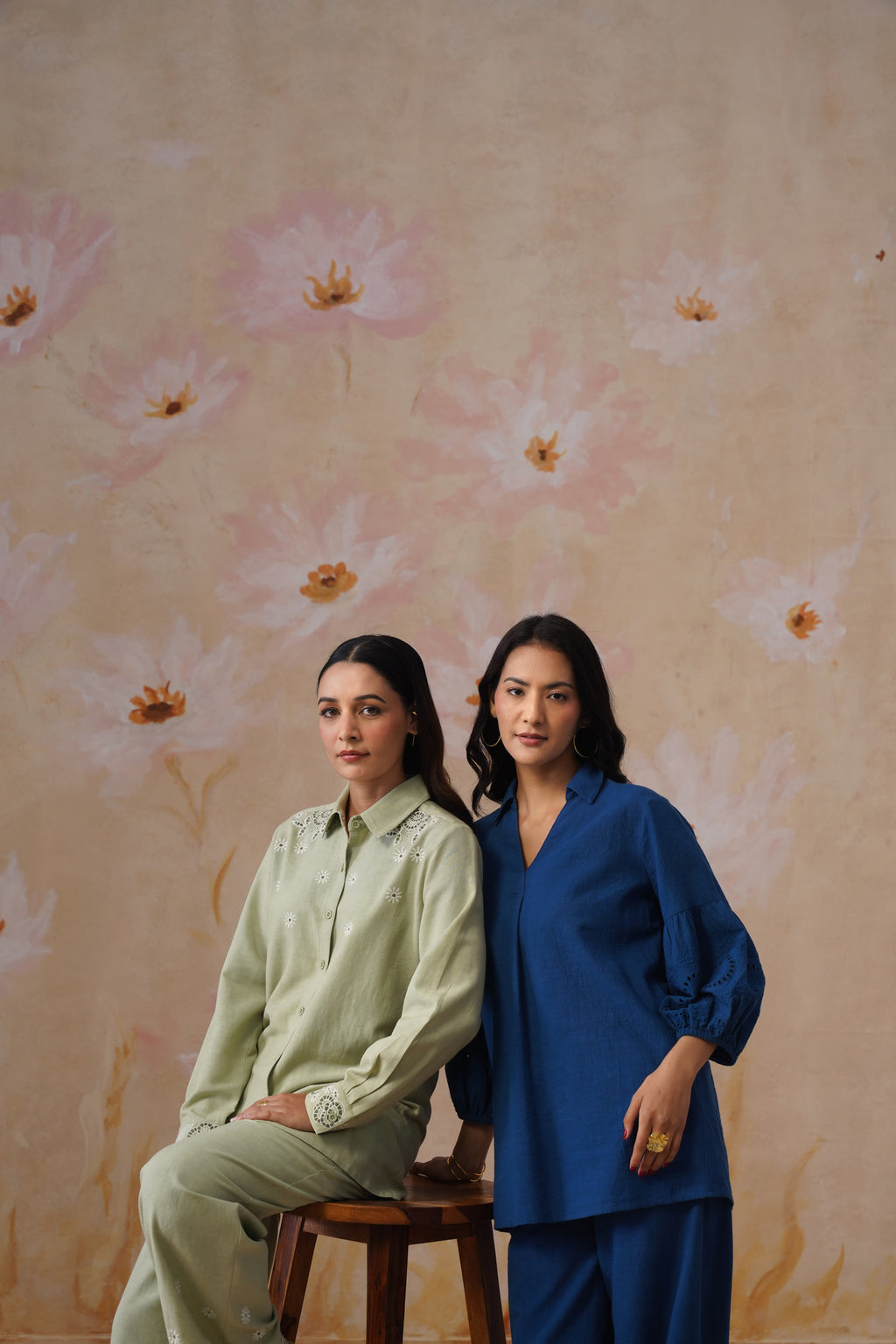 Sage Floral Embroidered Linen Blend Co-Ord Set