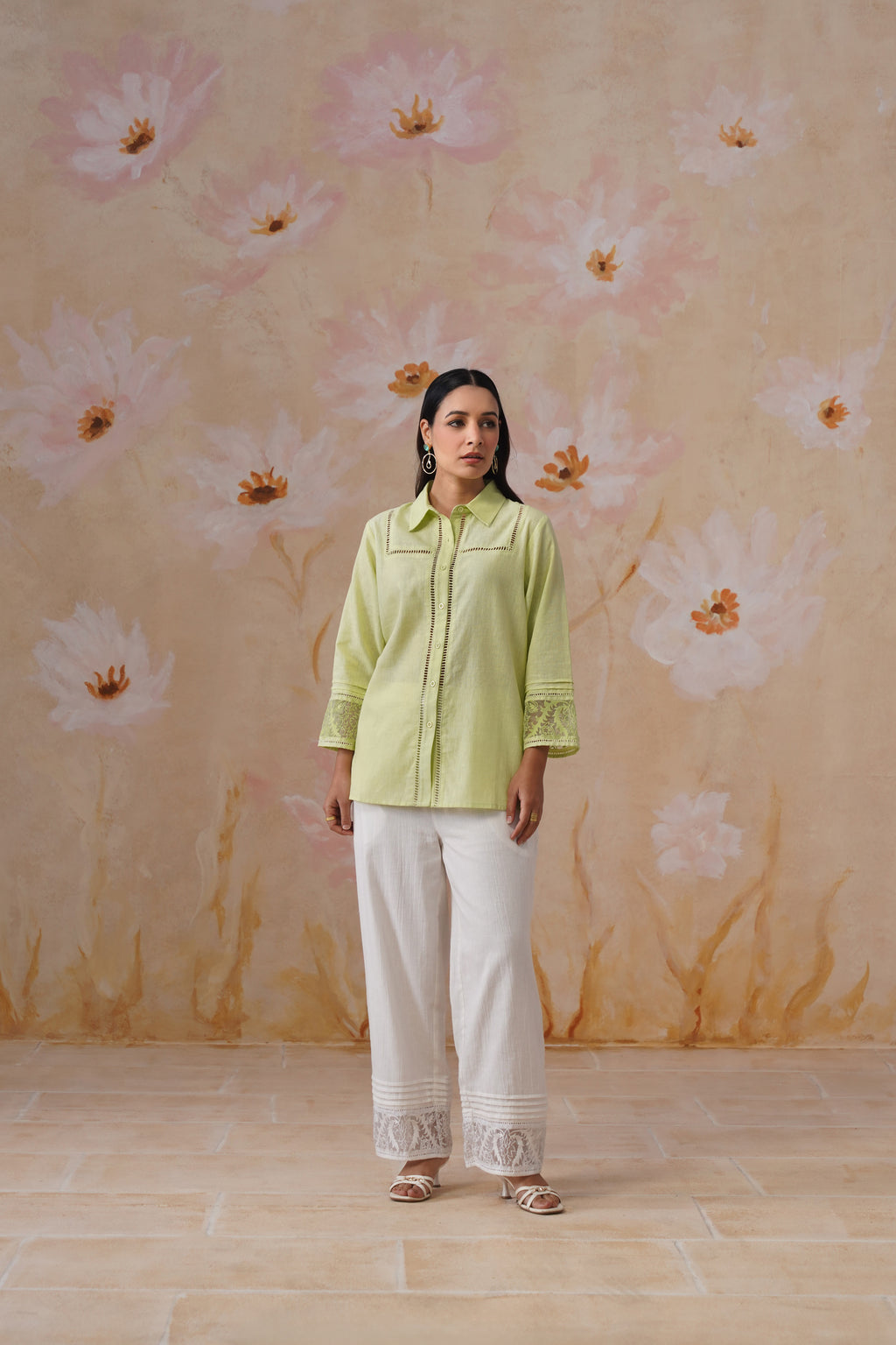 Green & white Organza Embroidered Cotton Linen Co-Ord Set