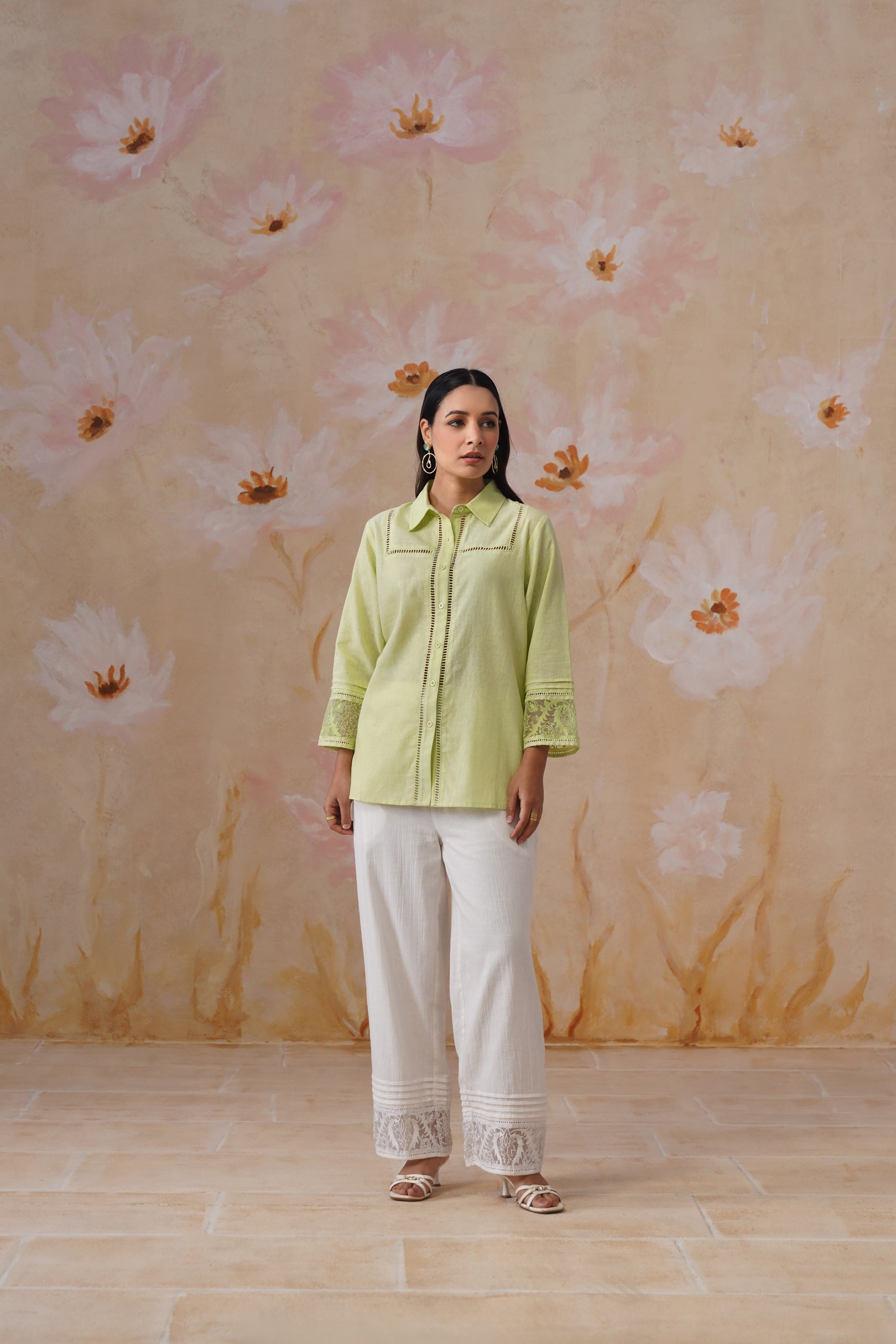 Green & white Organza Embroidered Cotton Linen Co-Ord Set
