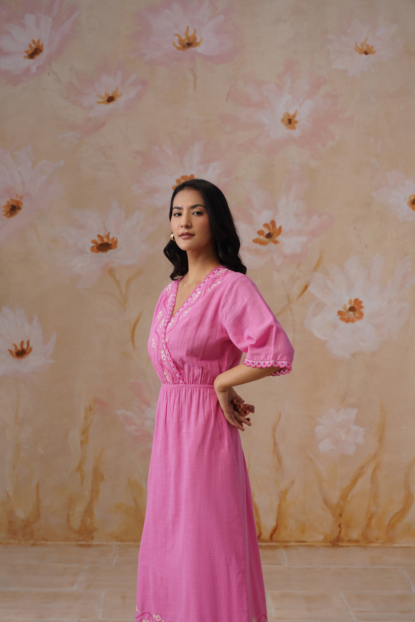 Rose Pink Embroidered Midi Dress with Organza Detailing