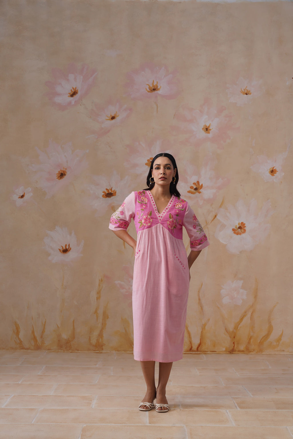 Blush Pink Floral Embroidered Midi Dress