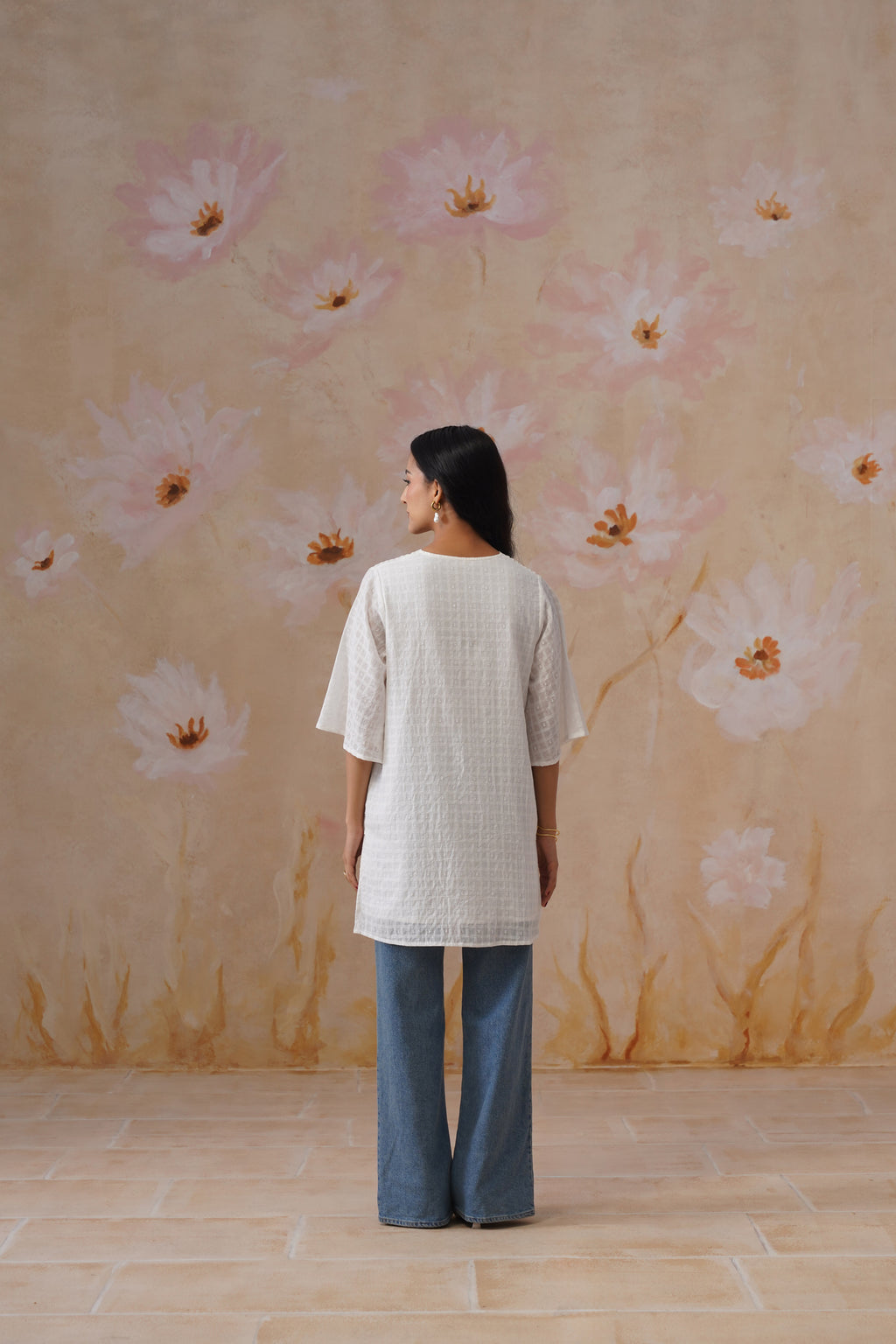 White Cotton Dobby Boxy Tunic with Pintukcs Detailing