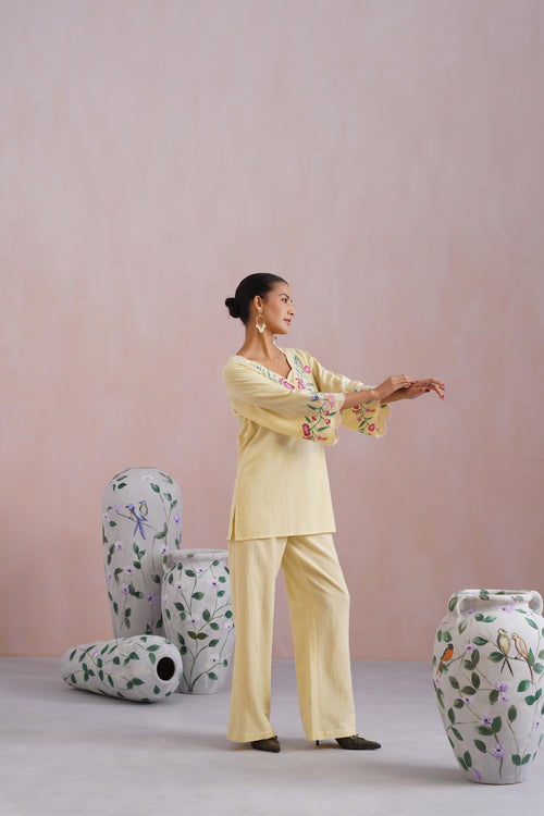 Butter Yellow Linen Blend Embroidered Co-Ord Set