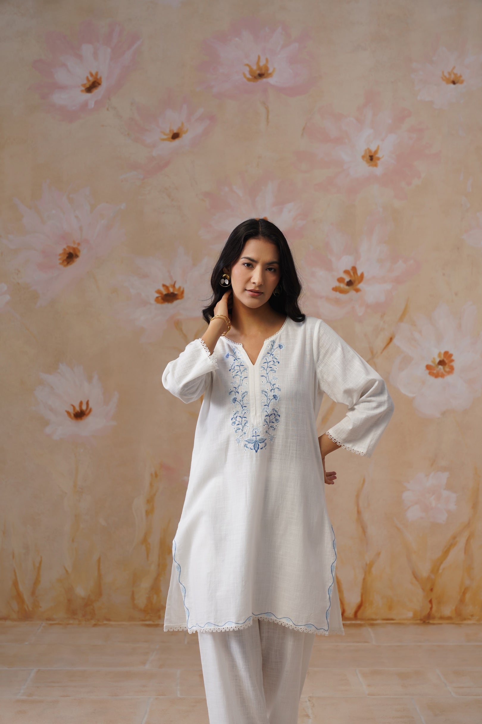 White & Blue Embroidered Kurta Set With Lace Detailing