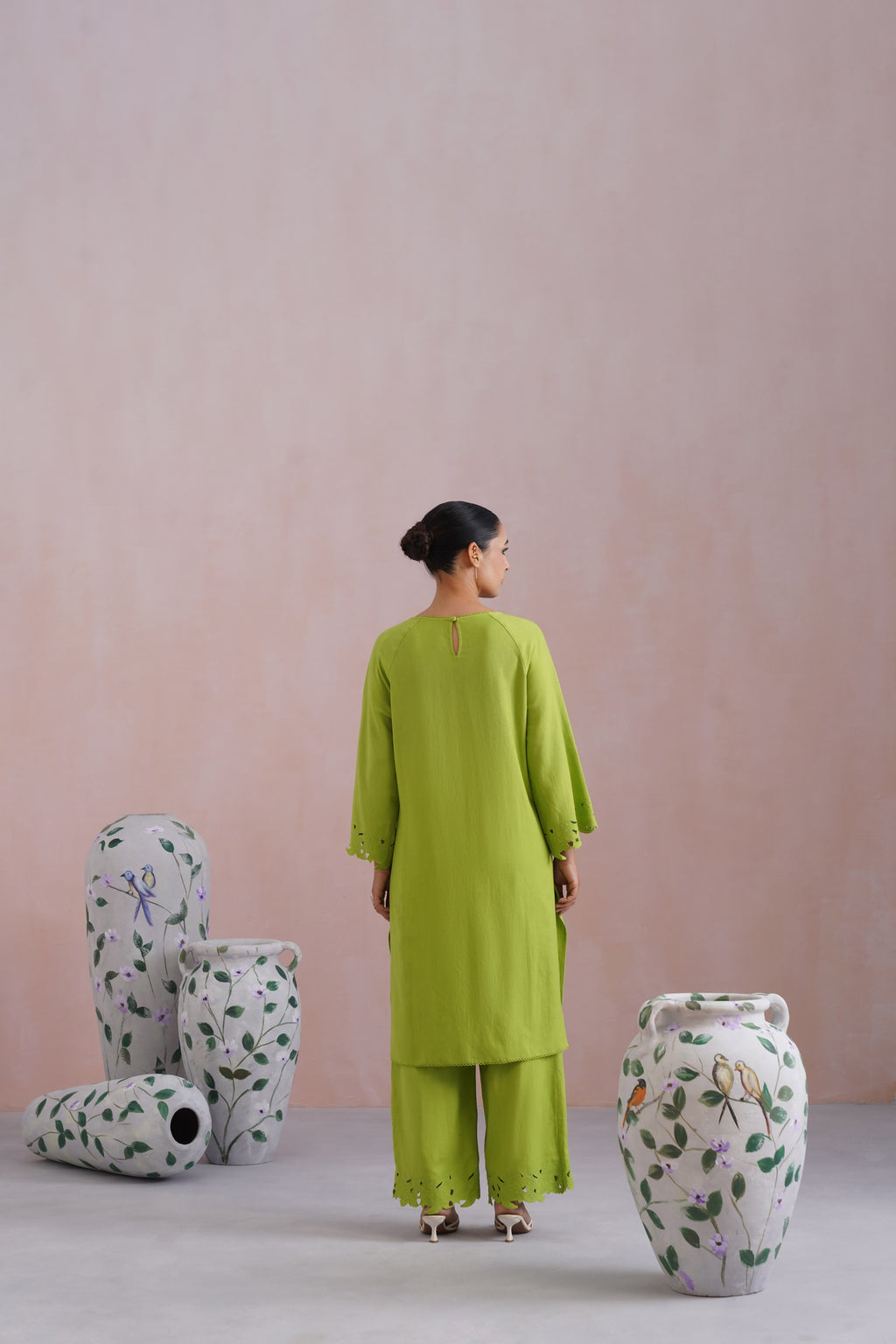 Parrot Green Cross Stitch Embroidered Linen Blend Kurta Set with cutwork detailing