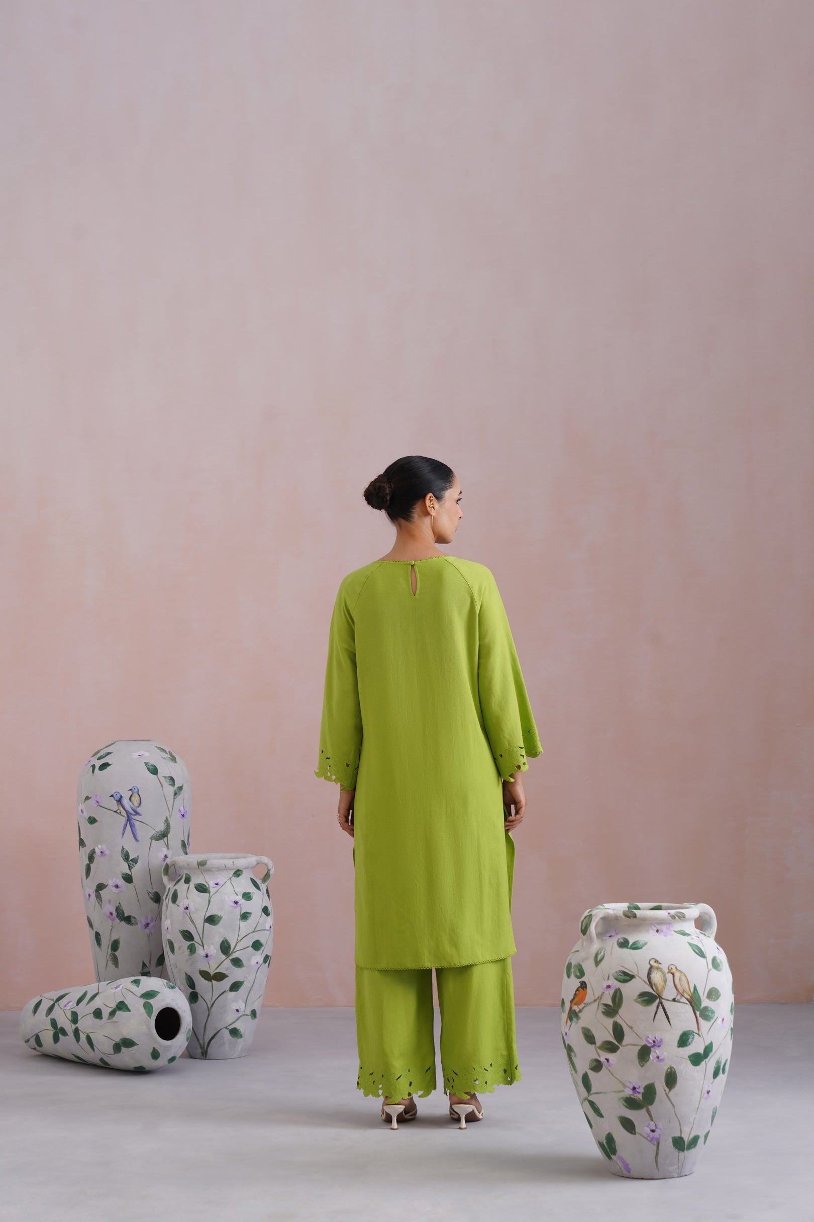 Parrot Green Cross Stitch Embroidered Linen Blend Kurta Set with cutwork detailing