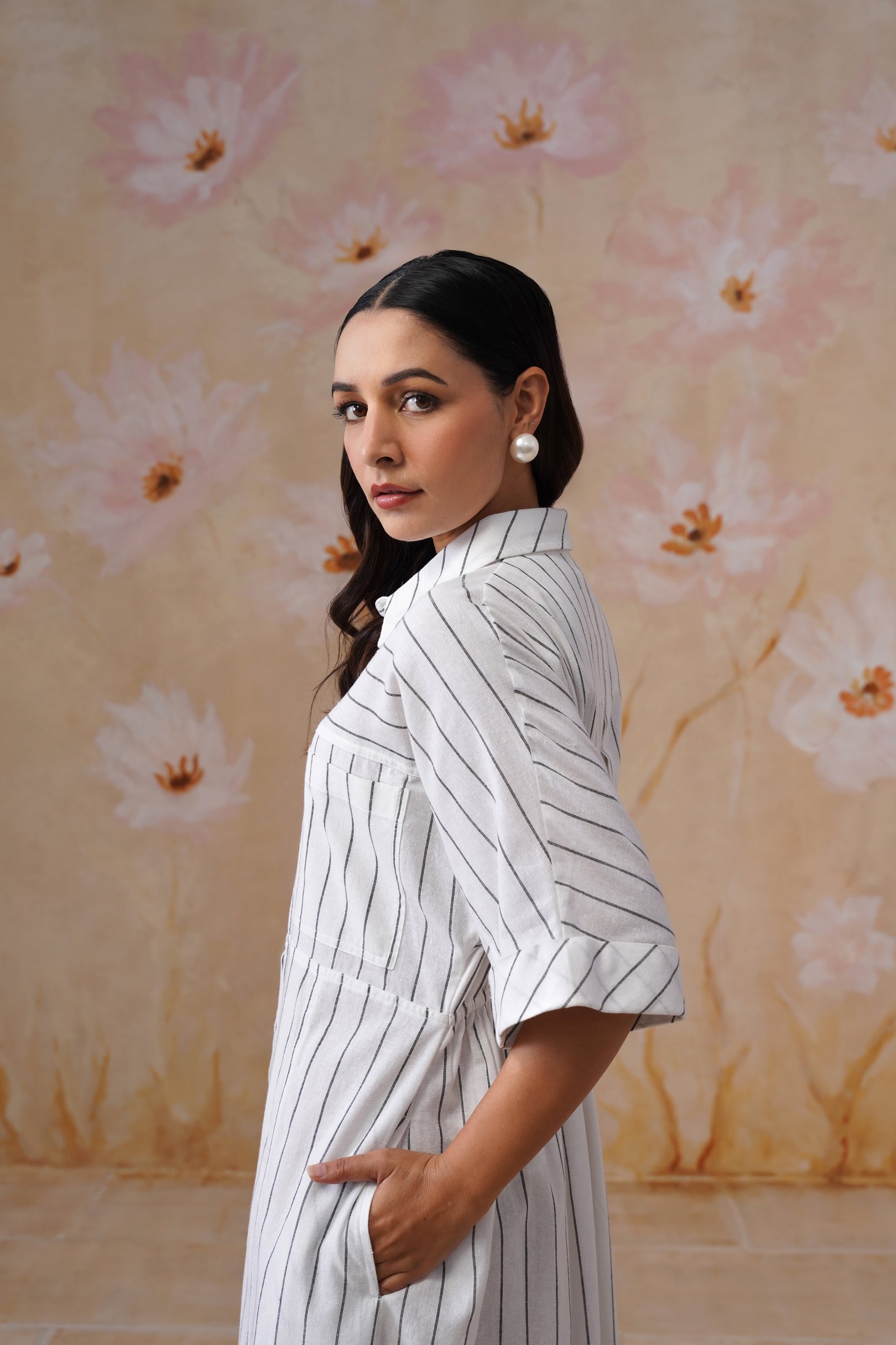 Cotton Yarn Dyed Stripe Midi Shirt Dress