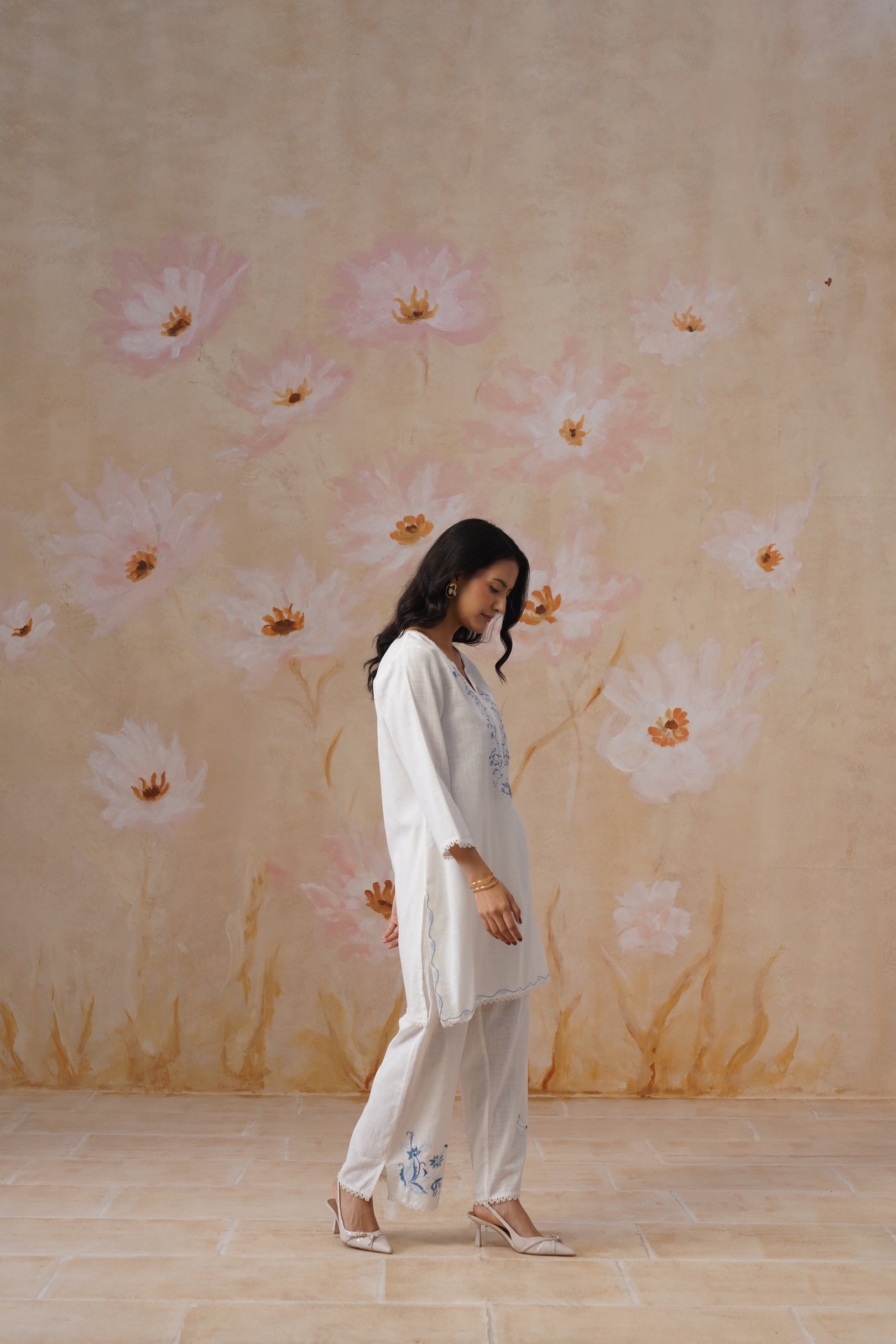 White & Blue Embroidered Kurta Set With Lace Detailing