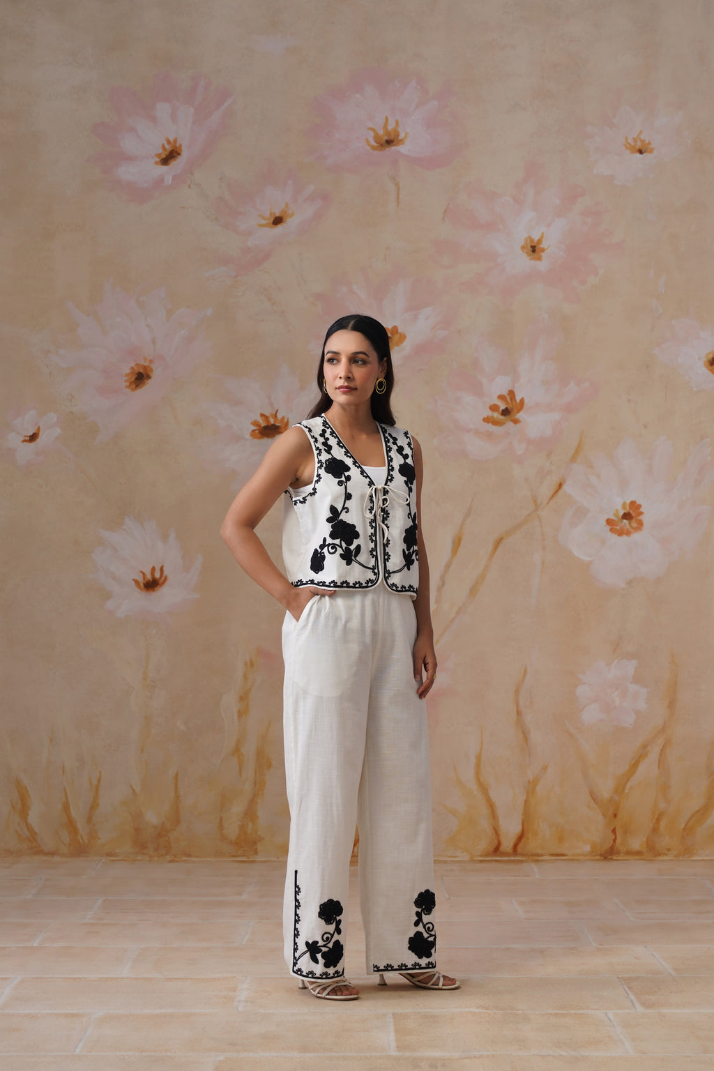 White & Noir Dori Embroidered Vest Set