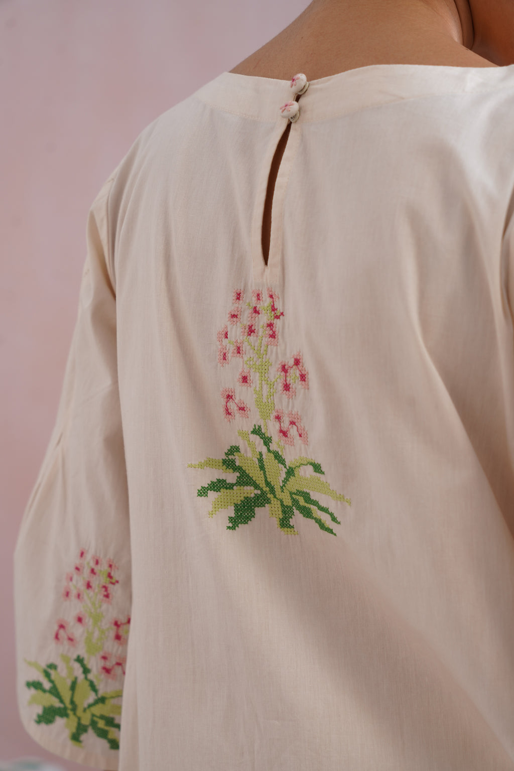 Ivory Floral Cross Stitched Embroidered Kurta Set