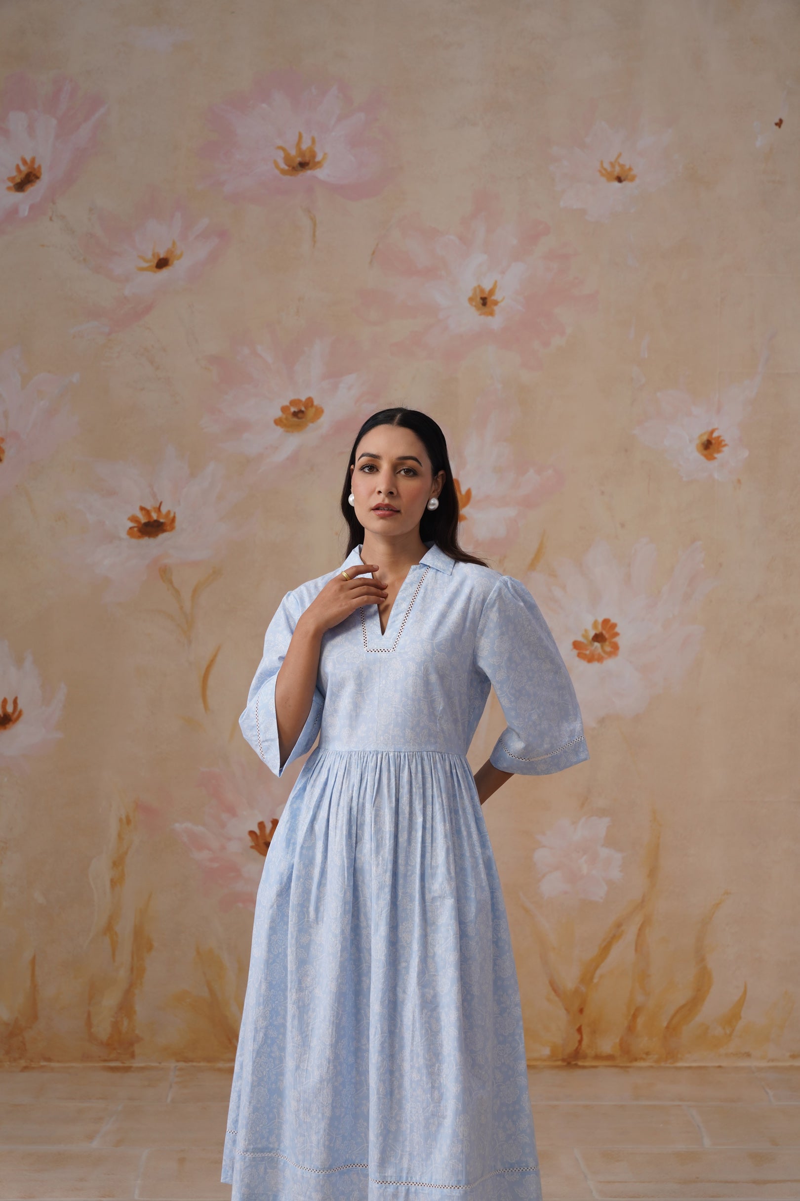 Blue and White Floral Printed Flared Midi Dress