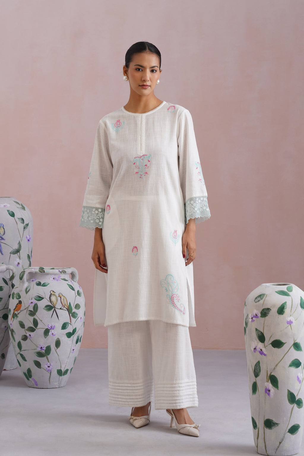 White Embroidered Kurta Set with organza detailing