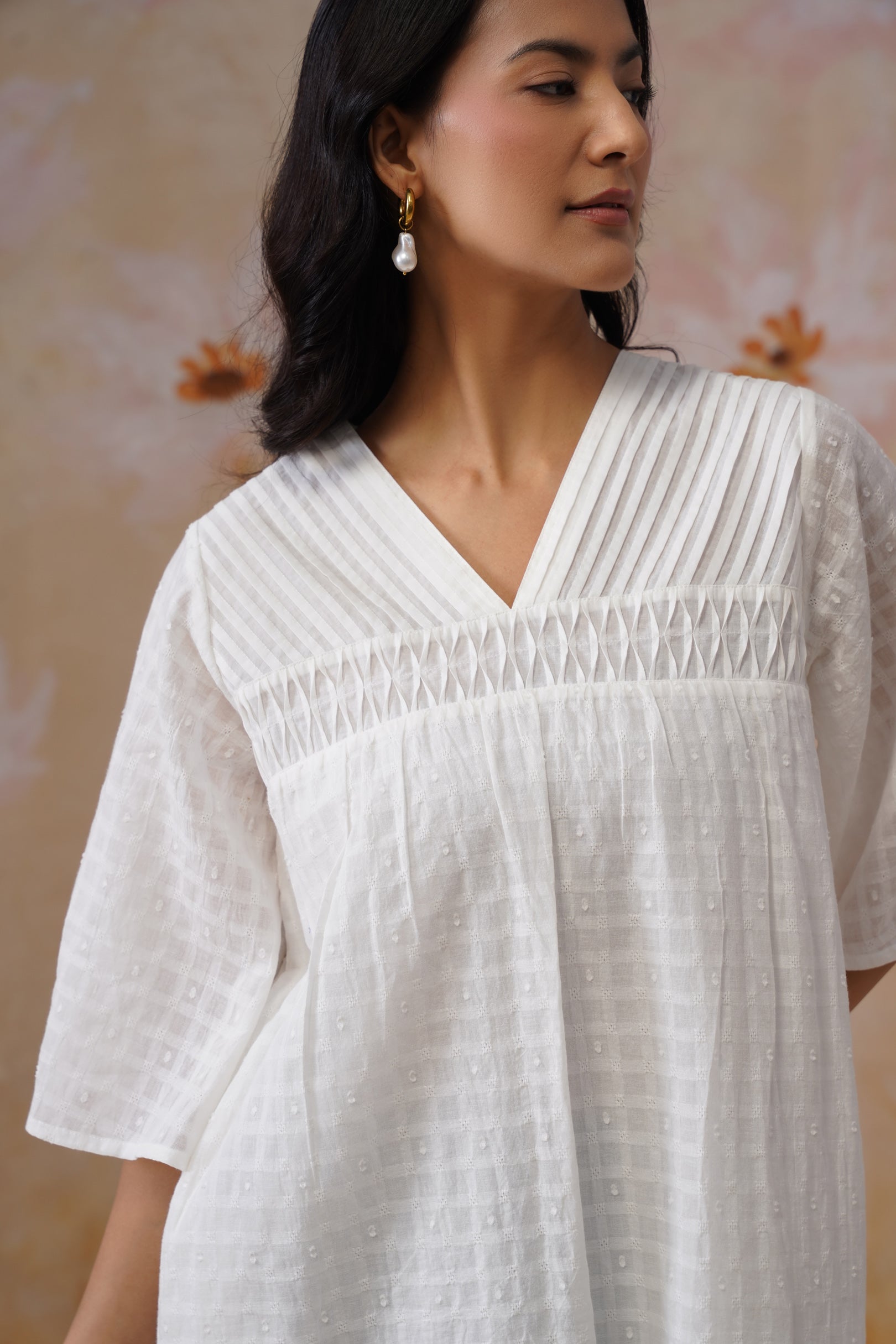 White Cotton Dobby Boxy Tunic with Pintukcs Detailing