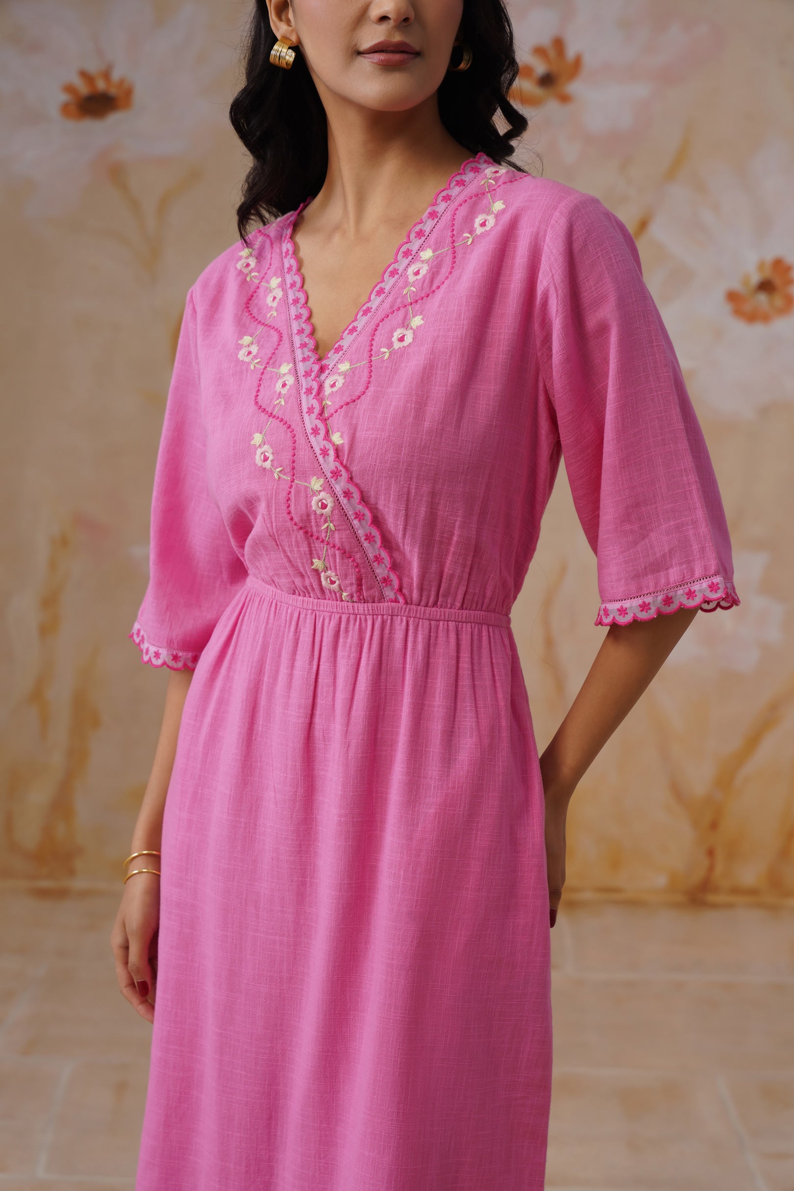 Rose Pink Embroidered Midi Dress with Organza Detailing