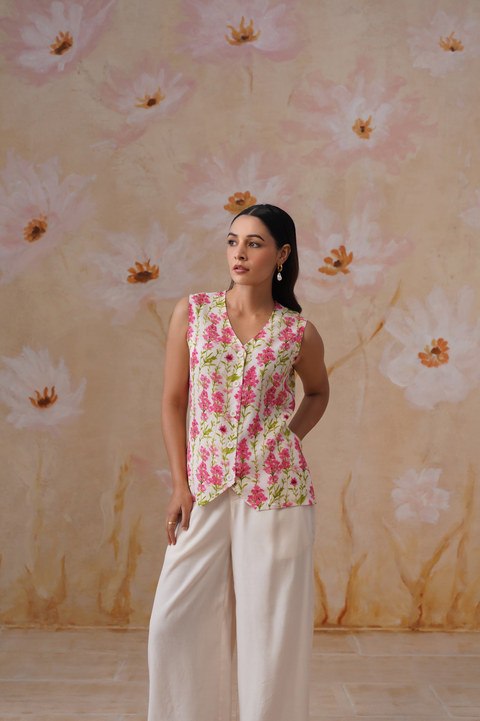 Watery Floral Digital Printed Vest Set