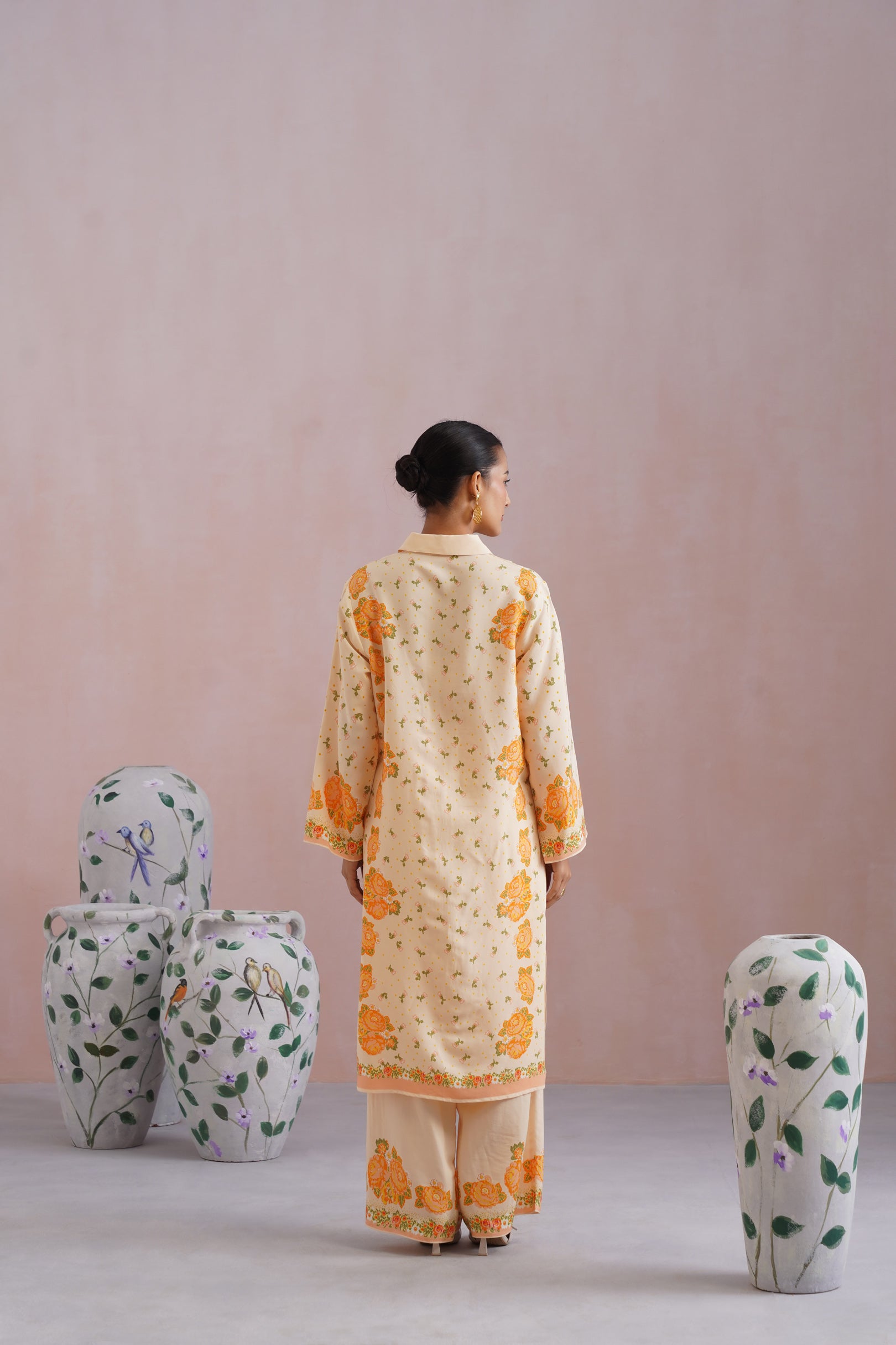 Cream & Orange Floral Digital Printed Kurta Set