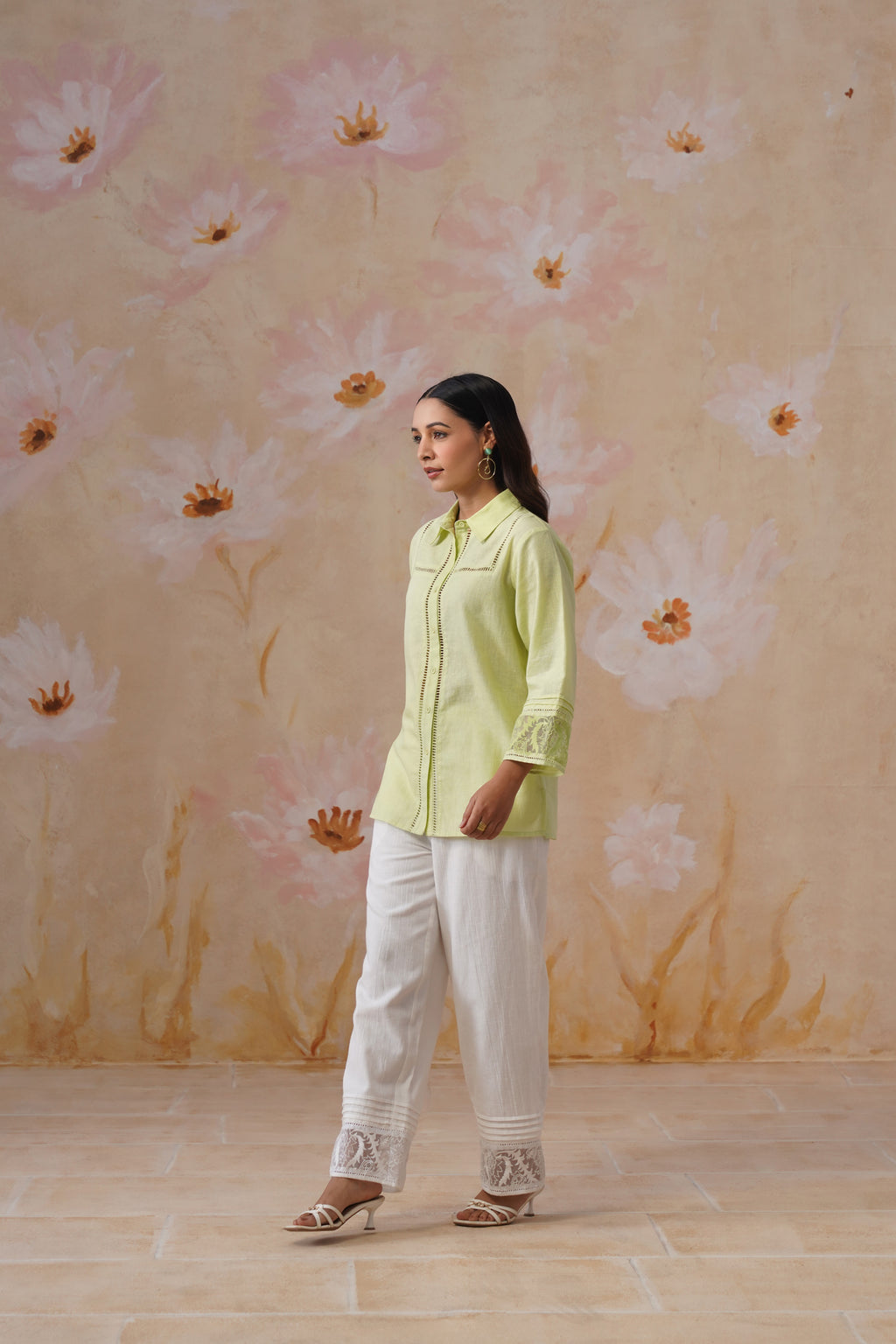 Green & white Organza Embroidered Cotton Linen Co-Ord Set