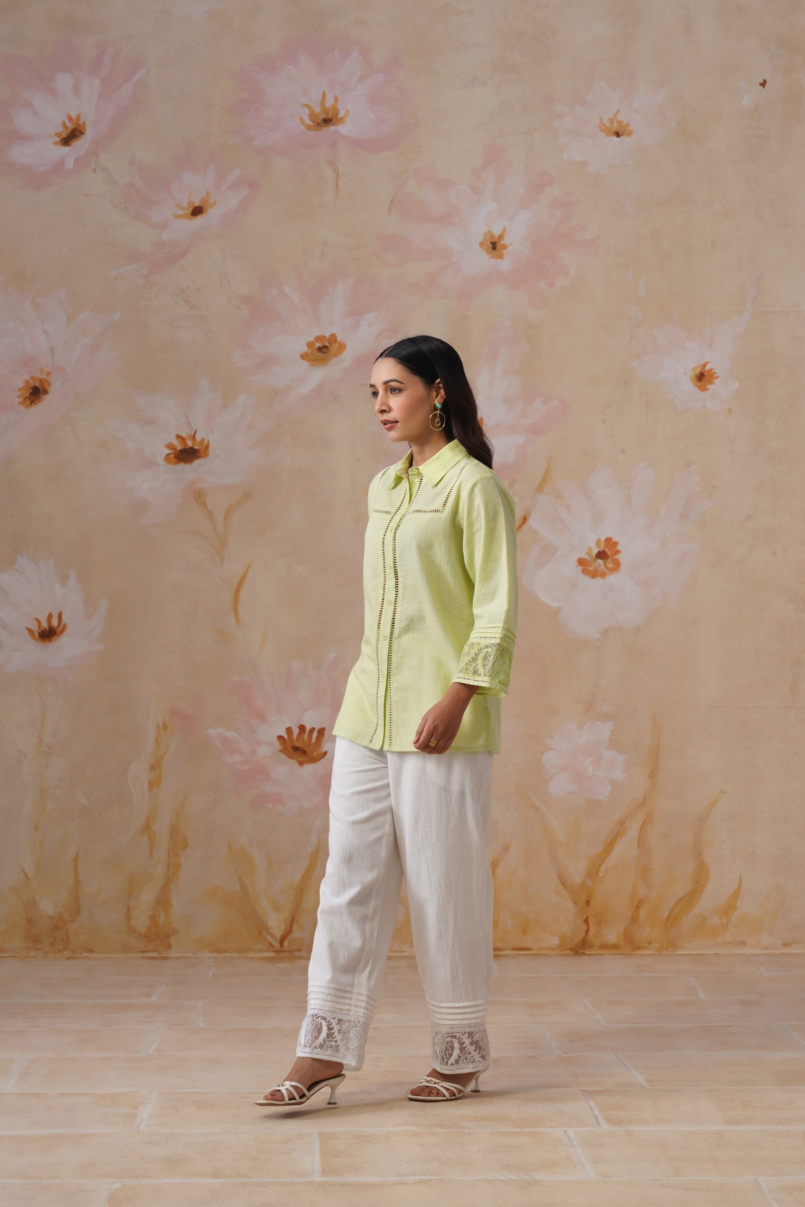 Green & white Organza Embroidered Cotton Linen Co-Ord Set