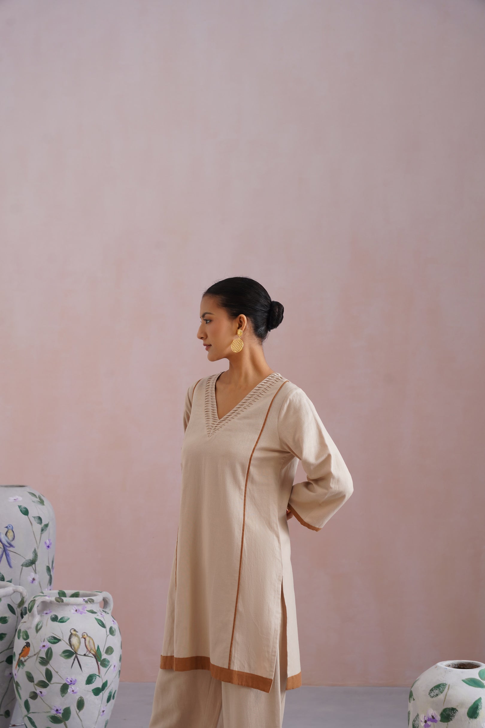 Beige Linen Blend Kurta Set with Pintucks Detailing