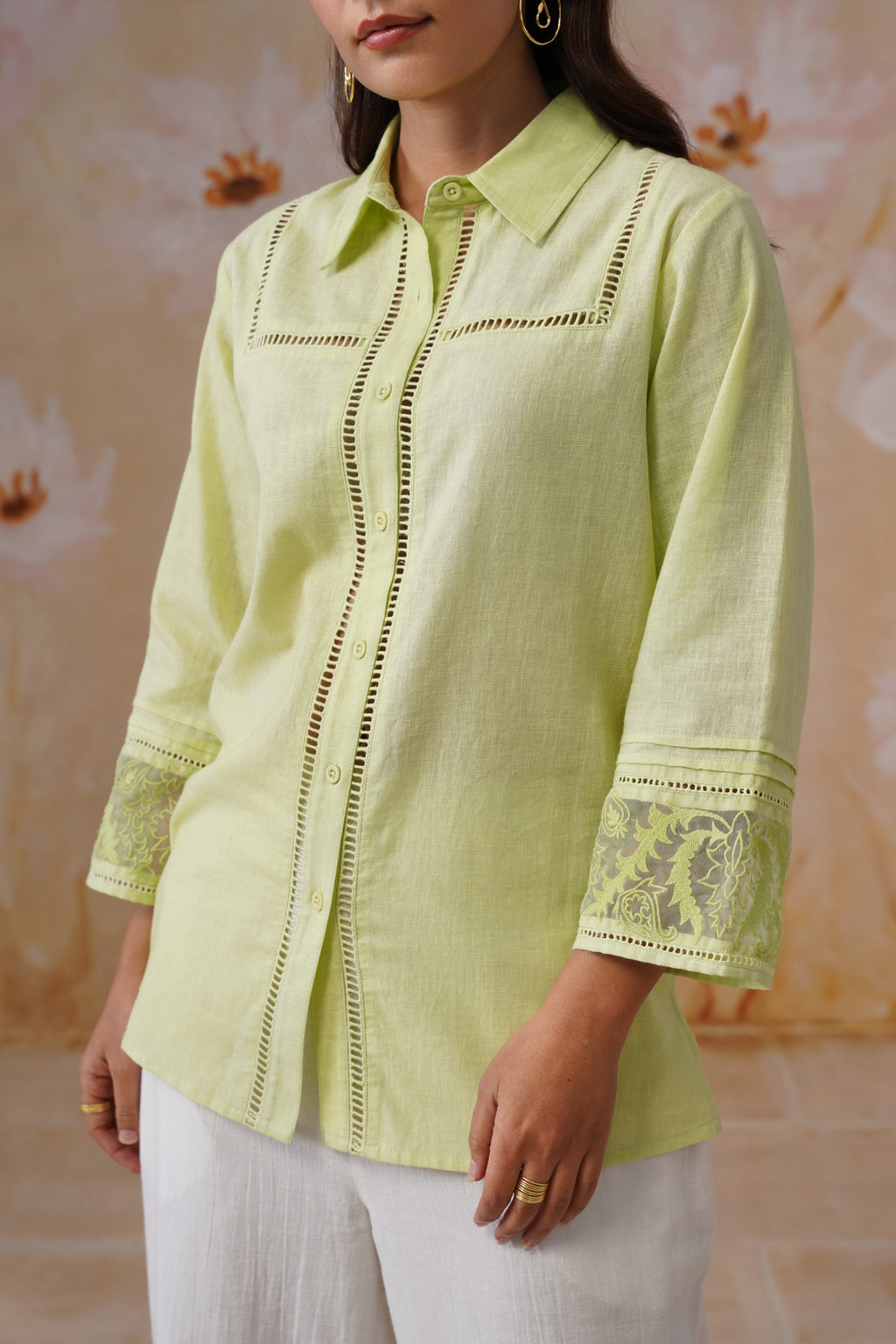 Green & white Organza Embroidered Cotton Linen Co-Ord Set