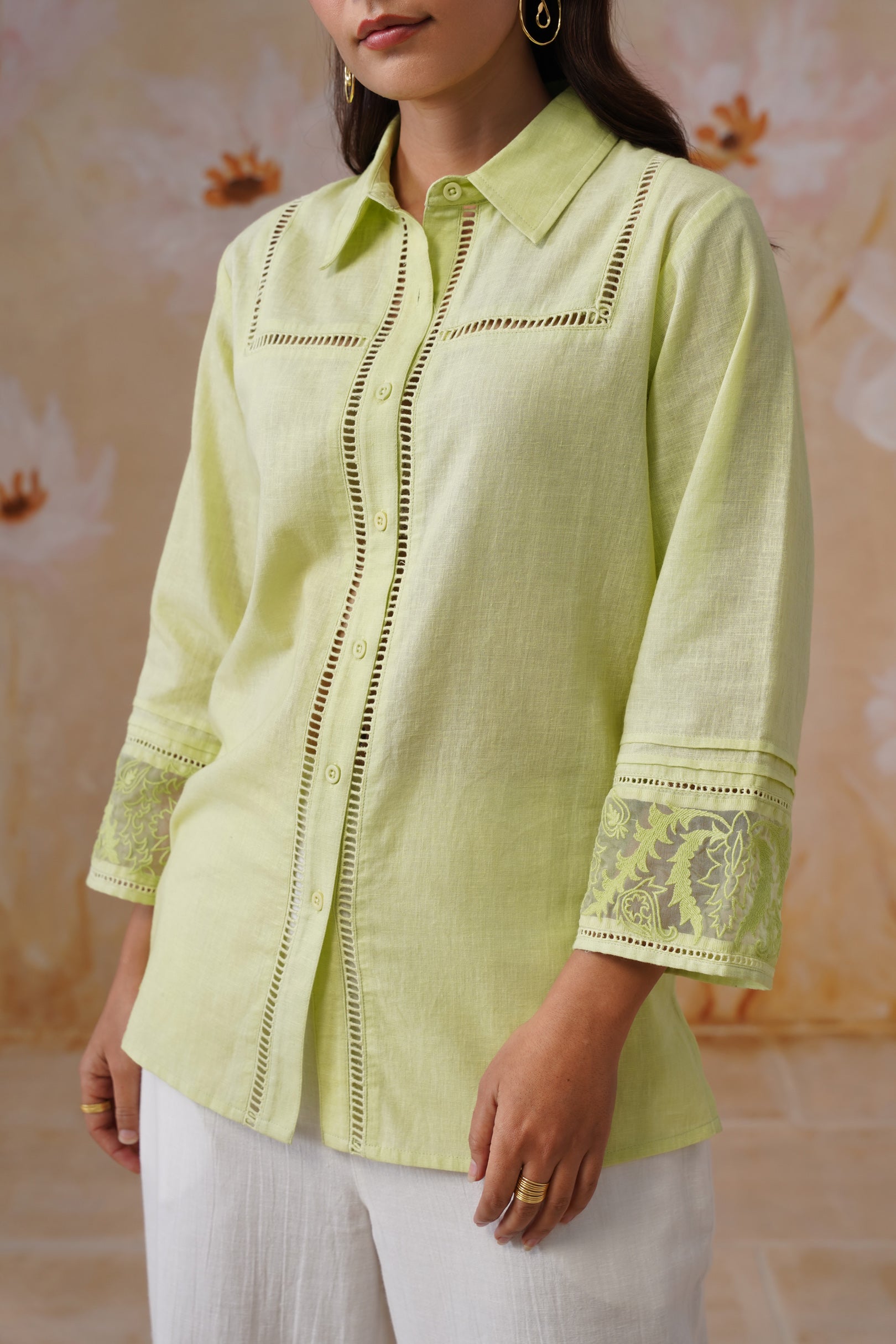 Green & white Organza Embroidered Cotton Linen Co-Ord Set