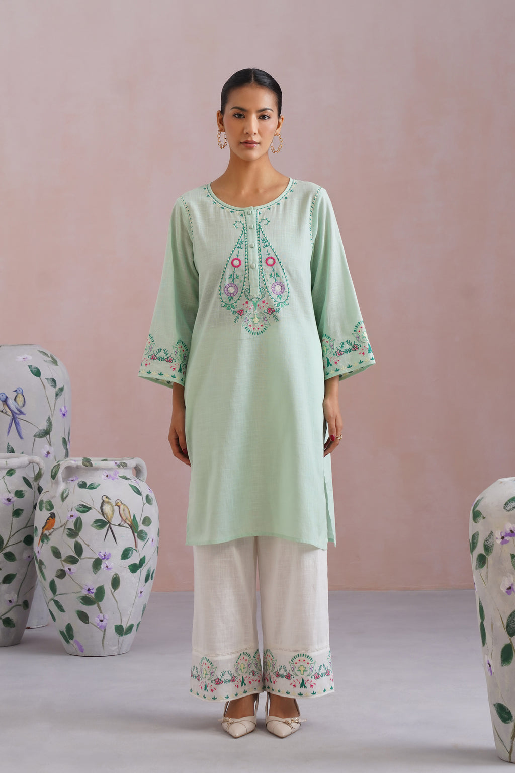 Mint-White Paisley Embroidered Kurta Set