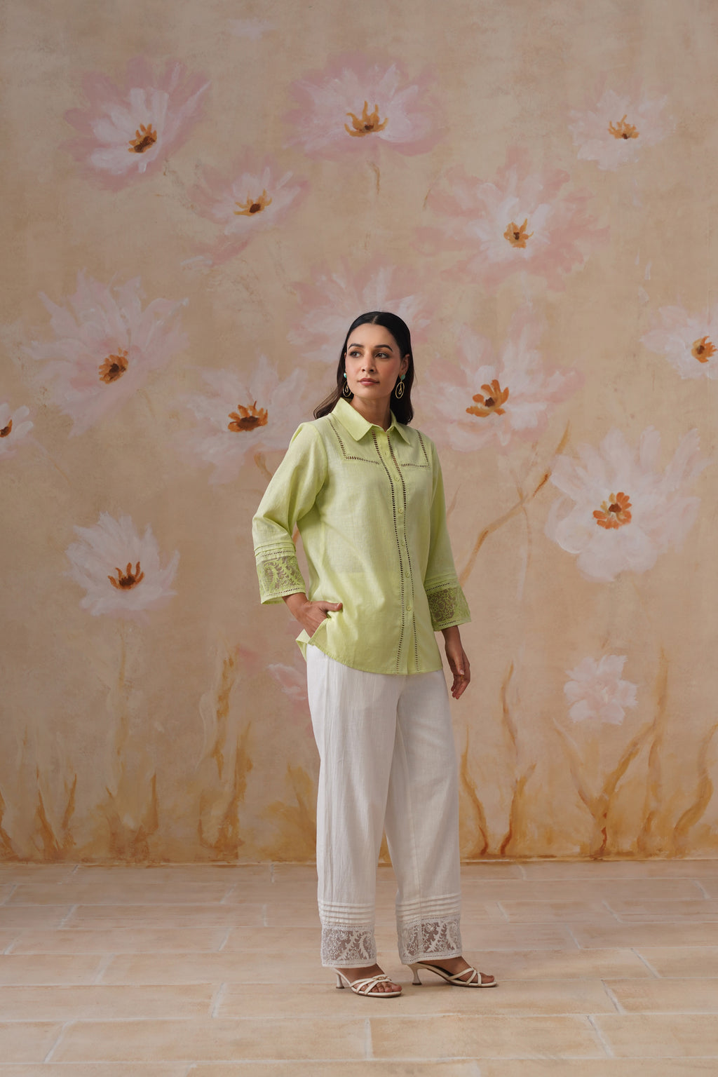 Green & white Organza Embroidered Cotton Linen Co-Ord Set