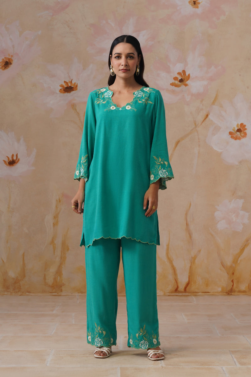 Teal Green Embroidered Kurta Set With Cutwork Detailing