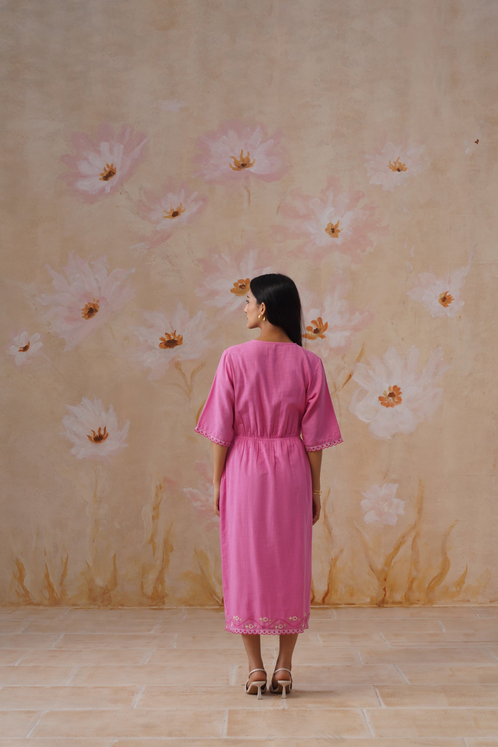 Rose Pink Embroidered Midi Dress with Organza Detailing