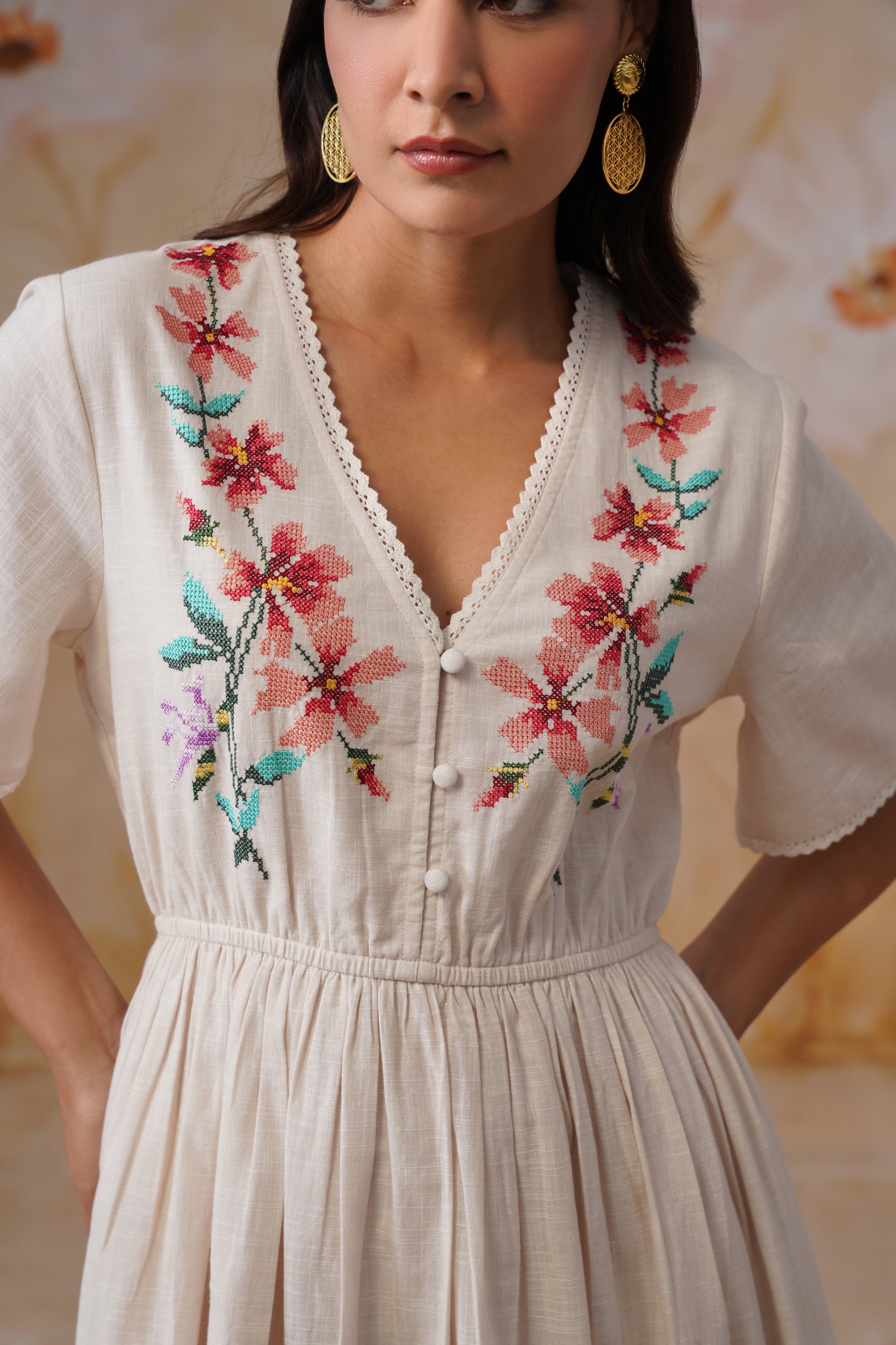 Ivory Floral Cross-Stitch Embroidery Maxi Dress
