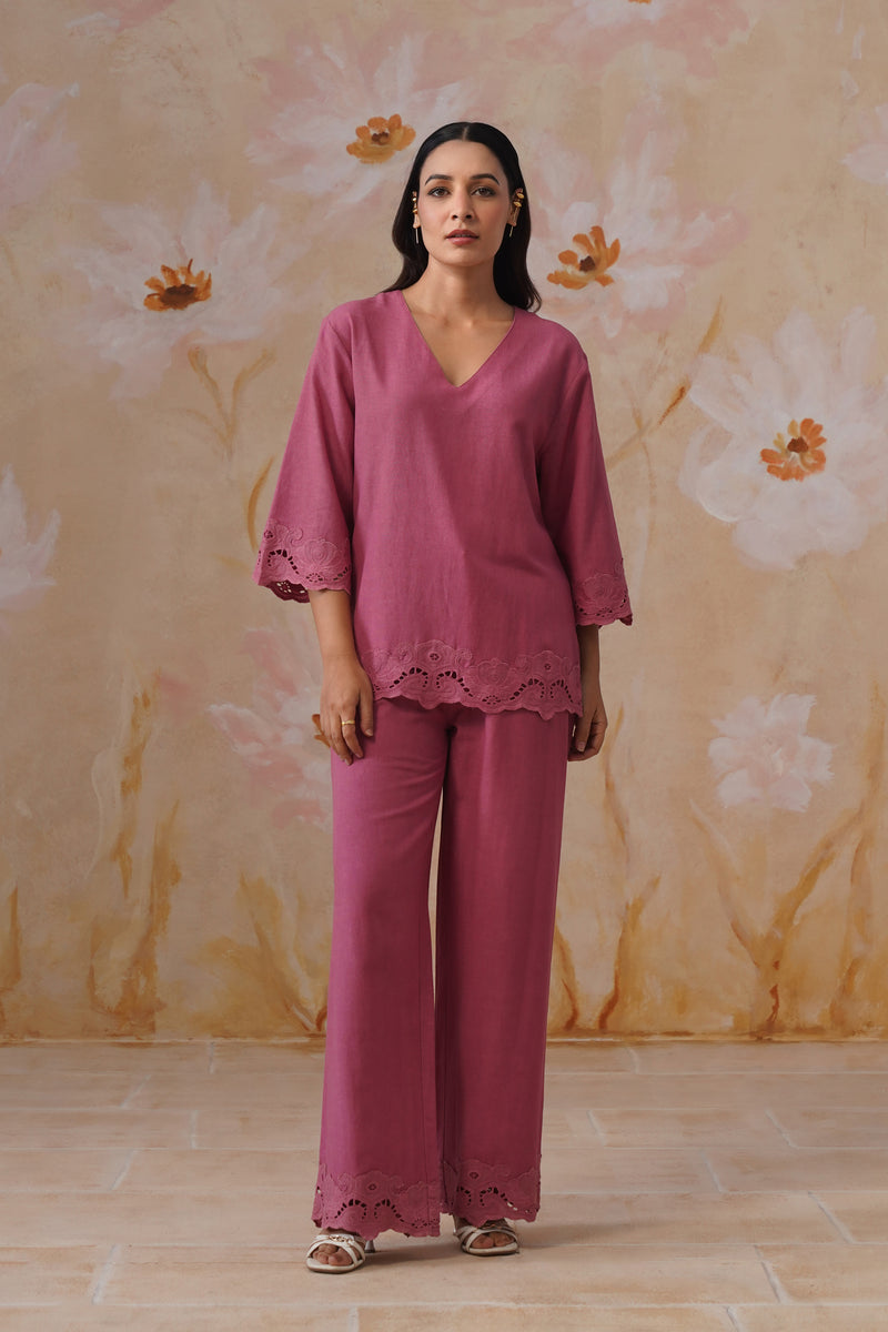 Dusty Pink Linen-Blend Broderie Co-Ord