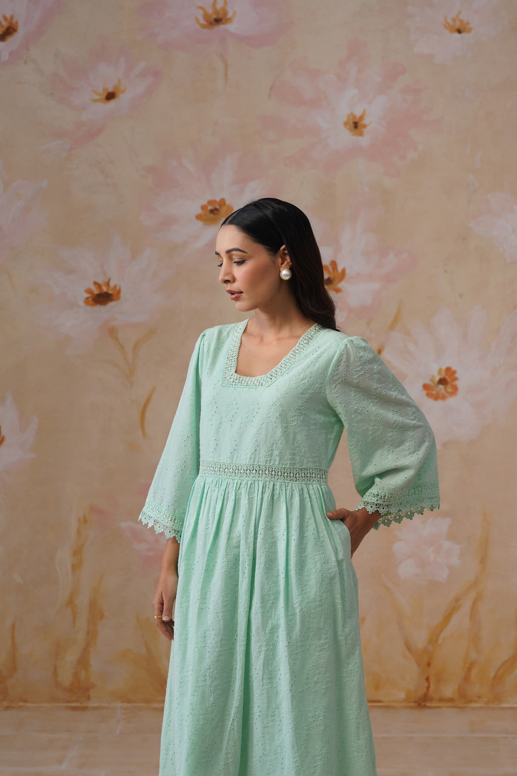 Mint Green Broderie Flared Midi Dress